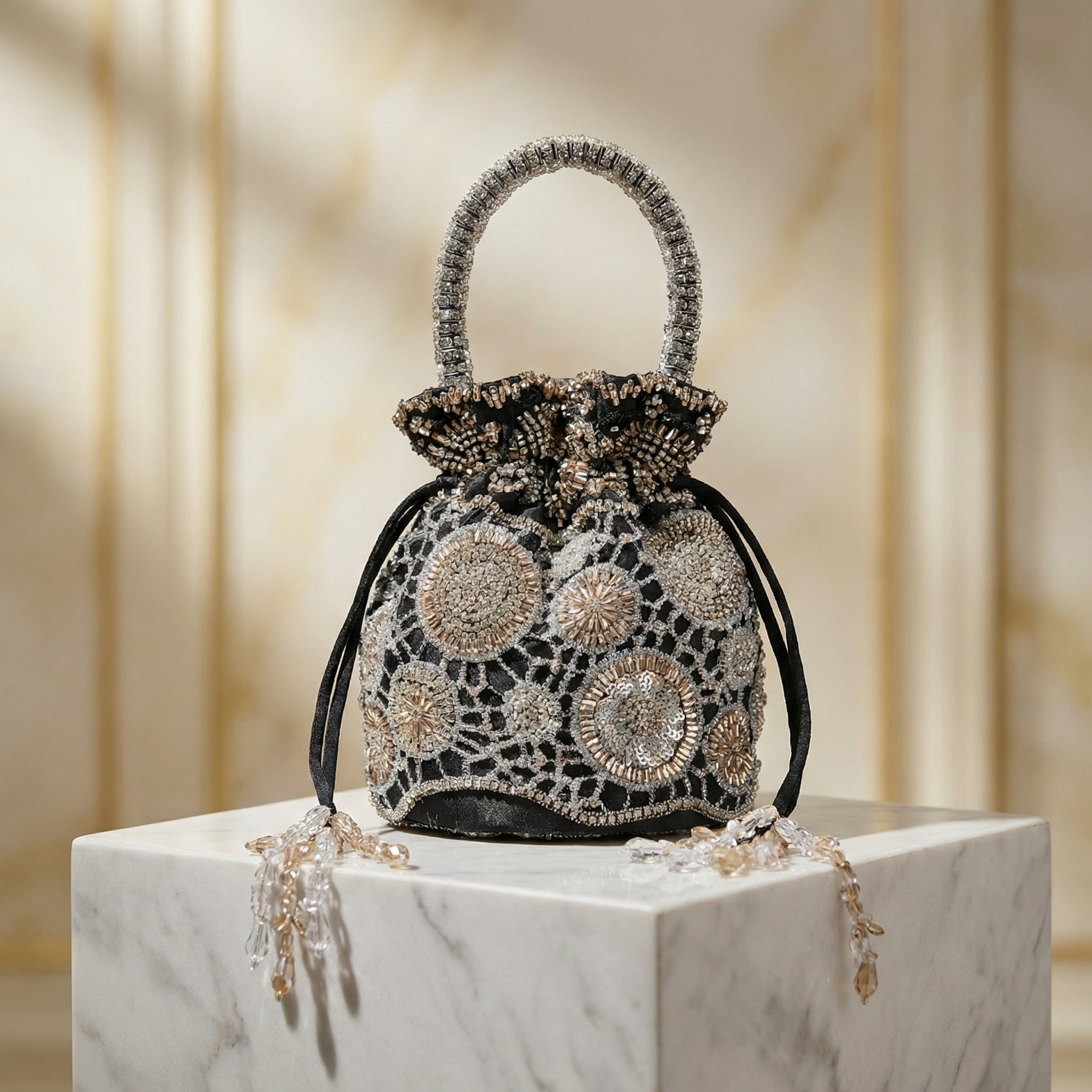 Midnight Luxe Embroidered Bucket Bag