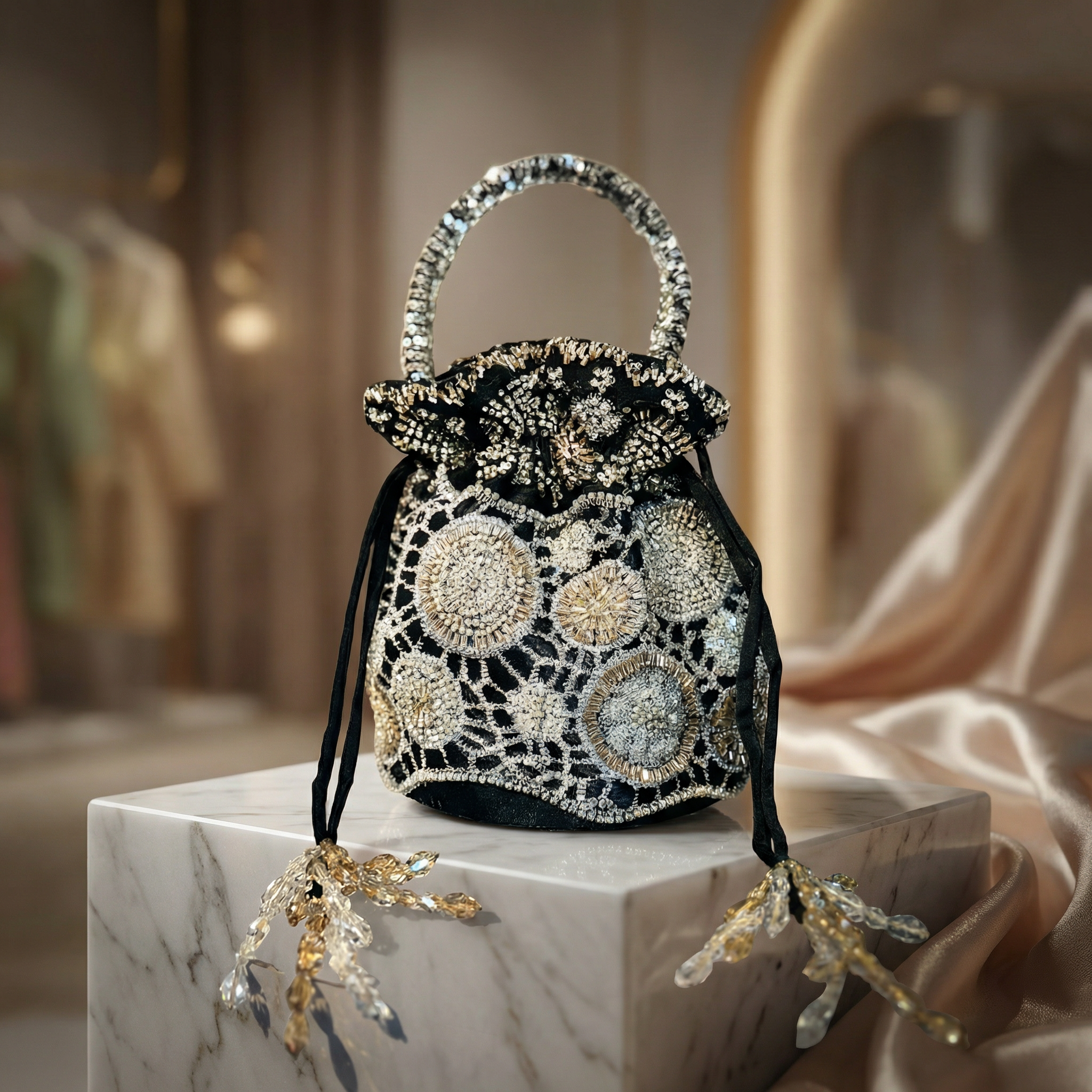 Midnight Luxe Embroidered Bucket Bag