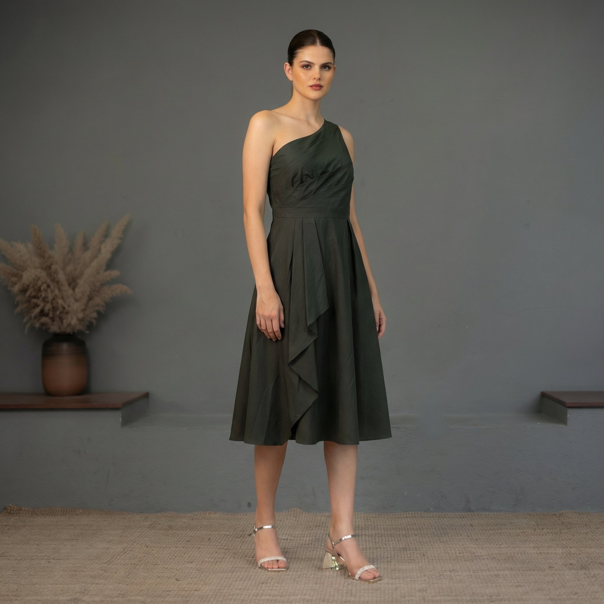 Origami Midi Dress in Dark Green