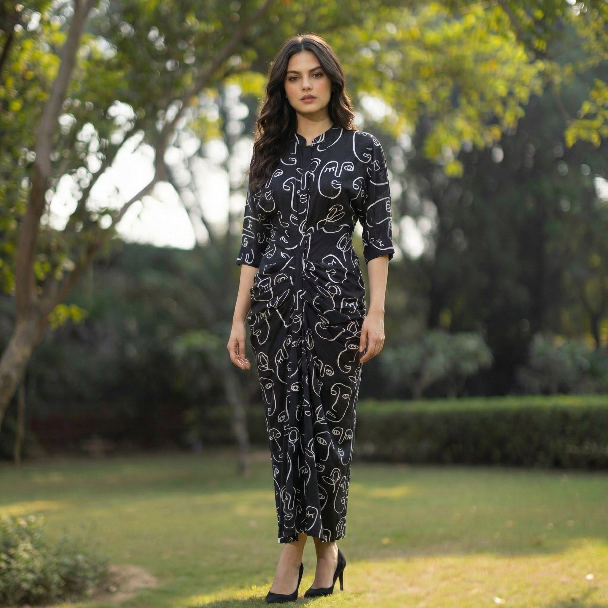 Black line art shirt drape dress