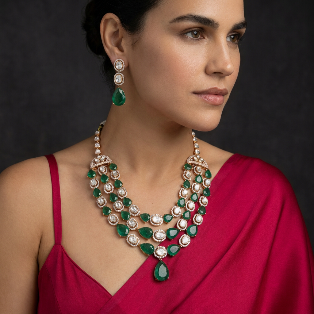 Sagarika Emerald Polki Necklace Set