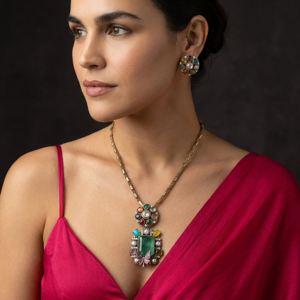 Navratna Royale Butterfly Pendant Set