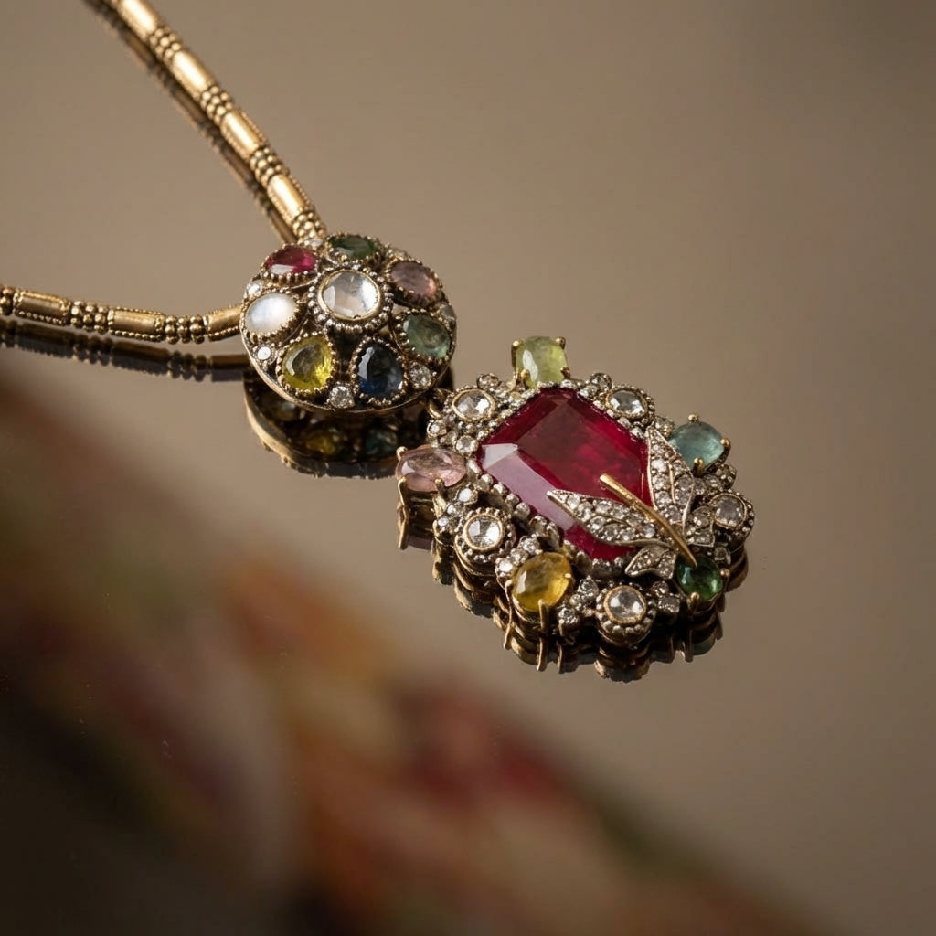 Navratna Royale Butterfly Pendant Set – luxury Indian jewelry by Ozel