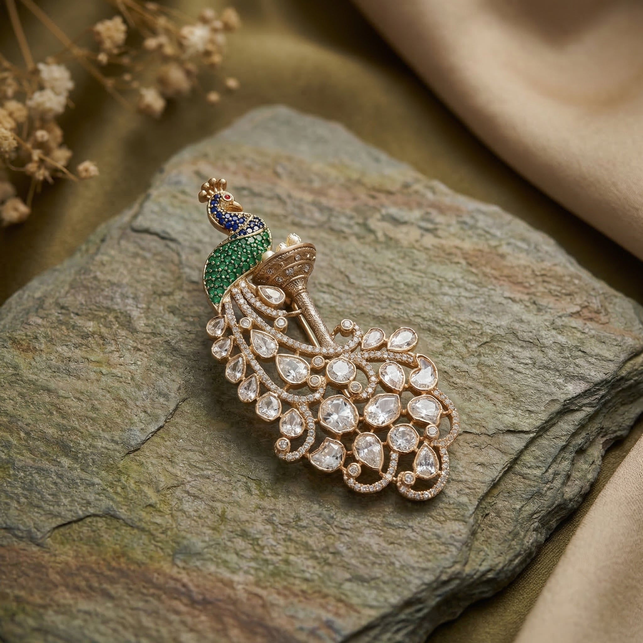 Polki Peacock Brooch