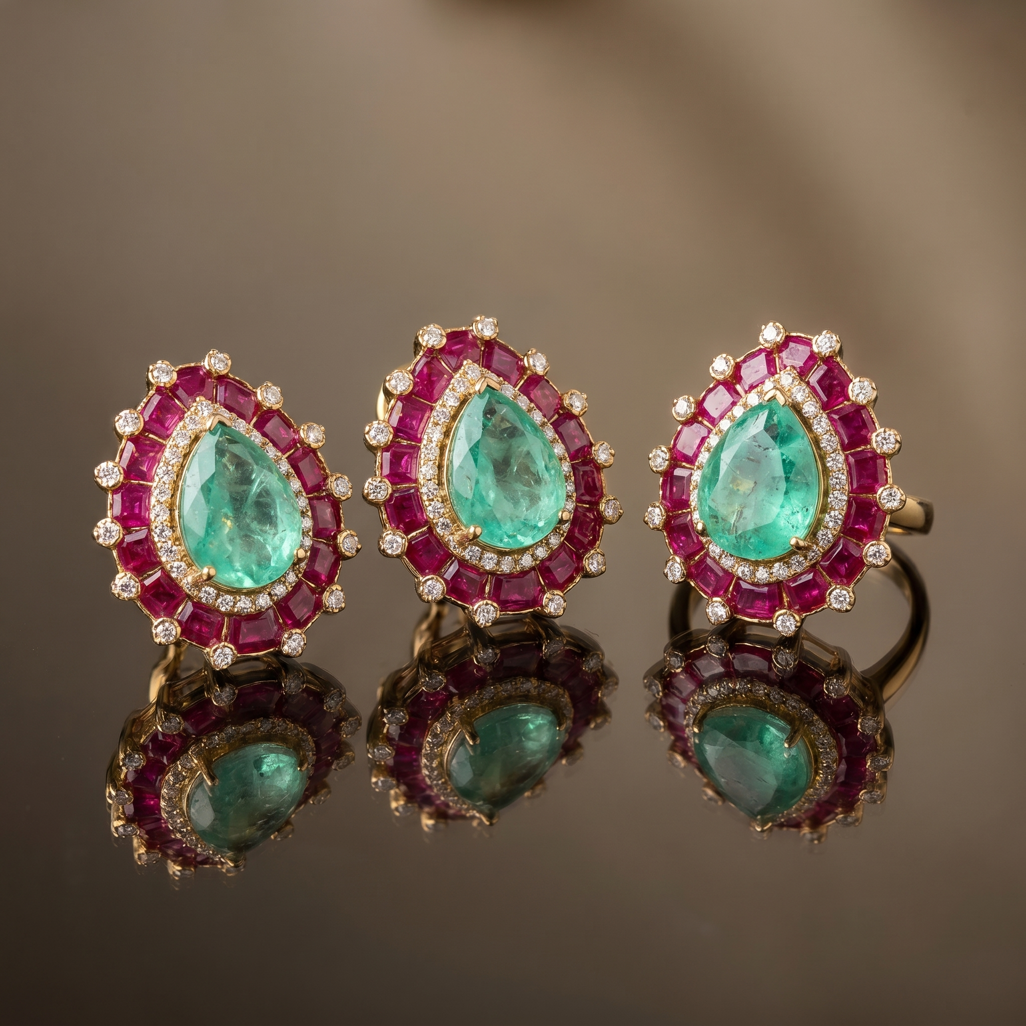 Damini Emerald & Ruby Studs and Ring Set