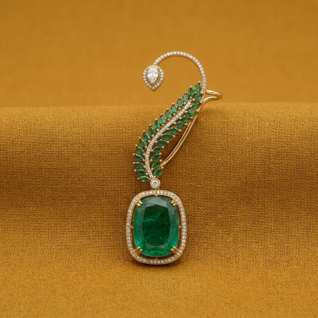 Green Stone Ear Cuff with Drop Pendant