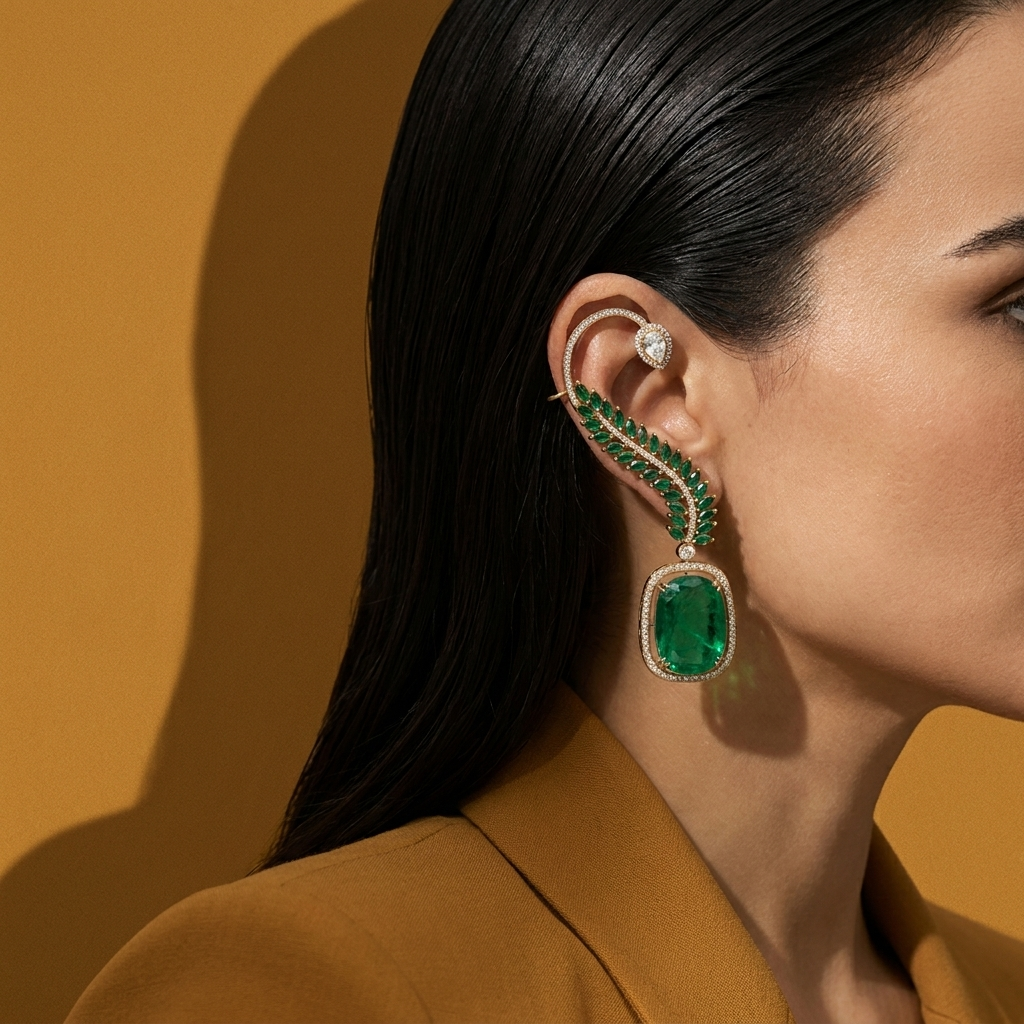 Green Stone Ear Cuff with Drop Pendant