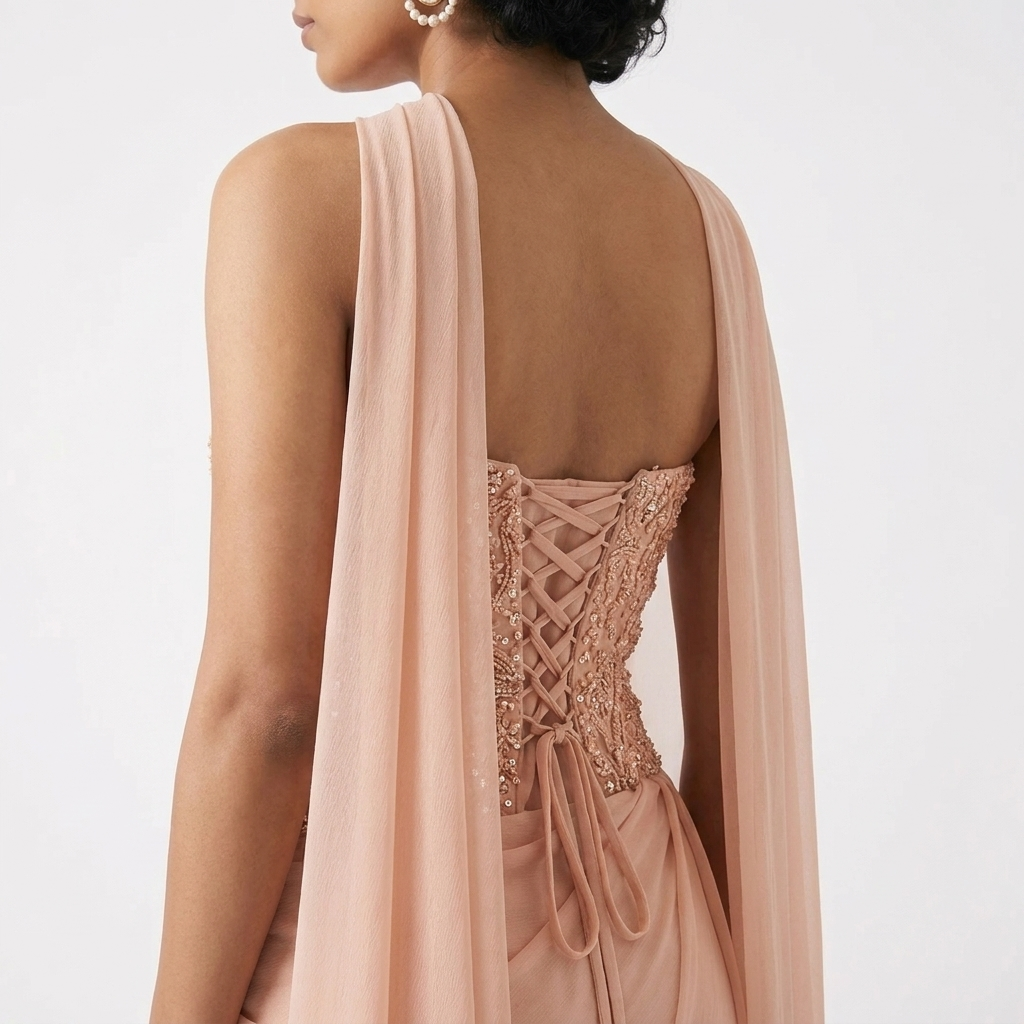 Peach Soiree Gown with Scarf