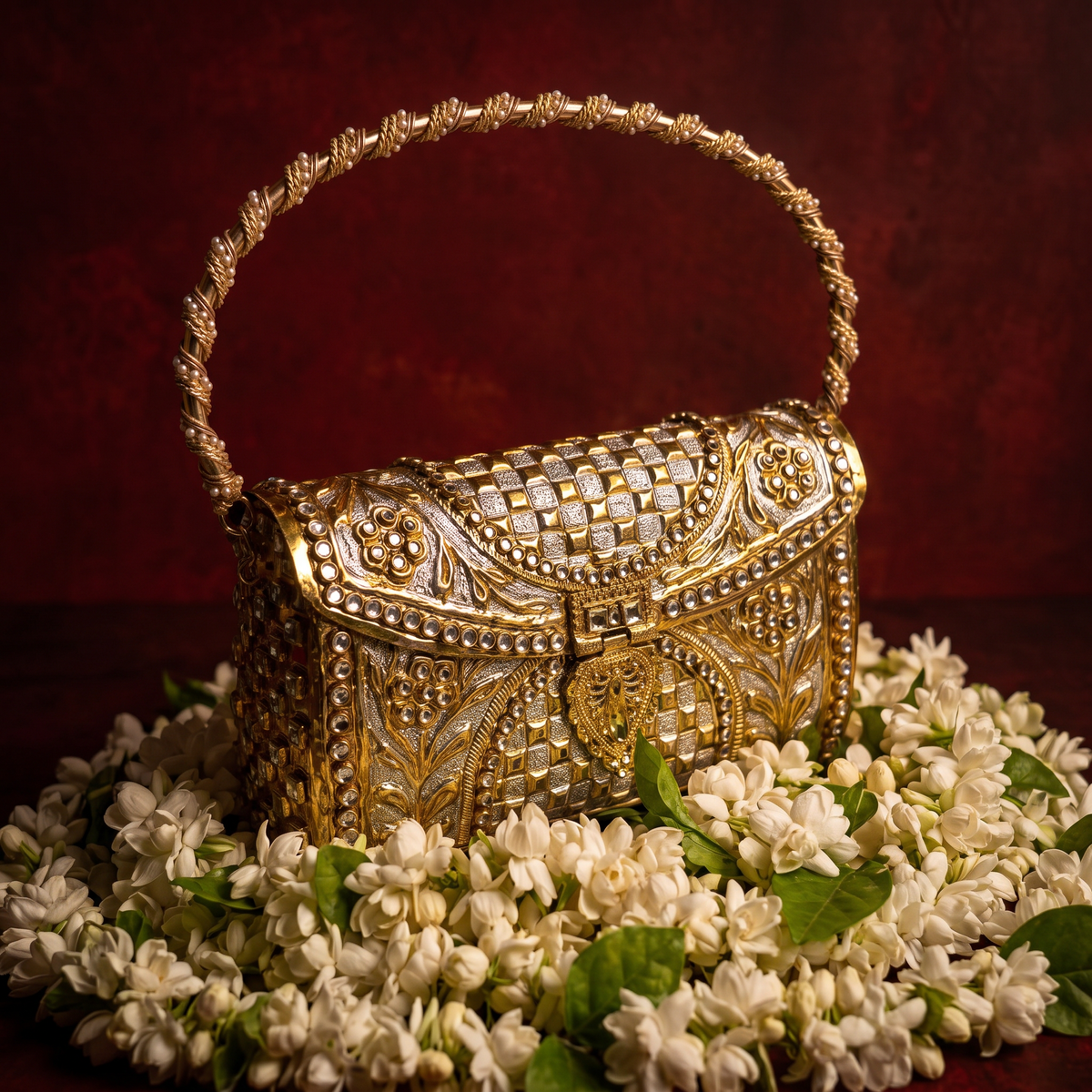 Drona Kundan Mosaic Gold and Silver Clutch
