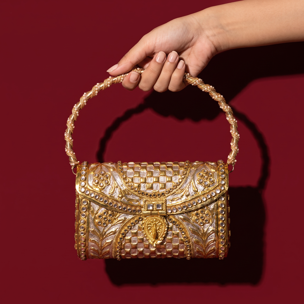 Drona Kundan Mosaic Gold and Silver Clutch