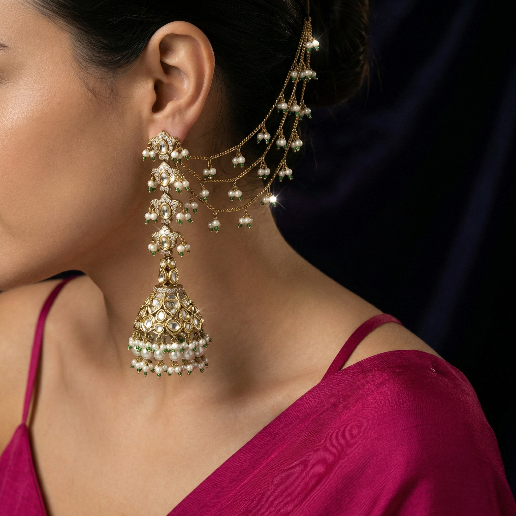 Swarangi Jhumka with Sahar Chain – bridal jhumka with ear chain by Ozel