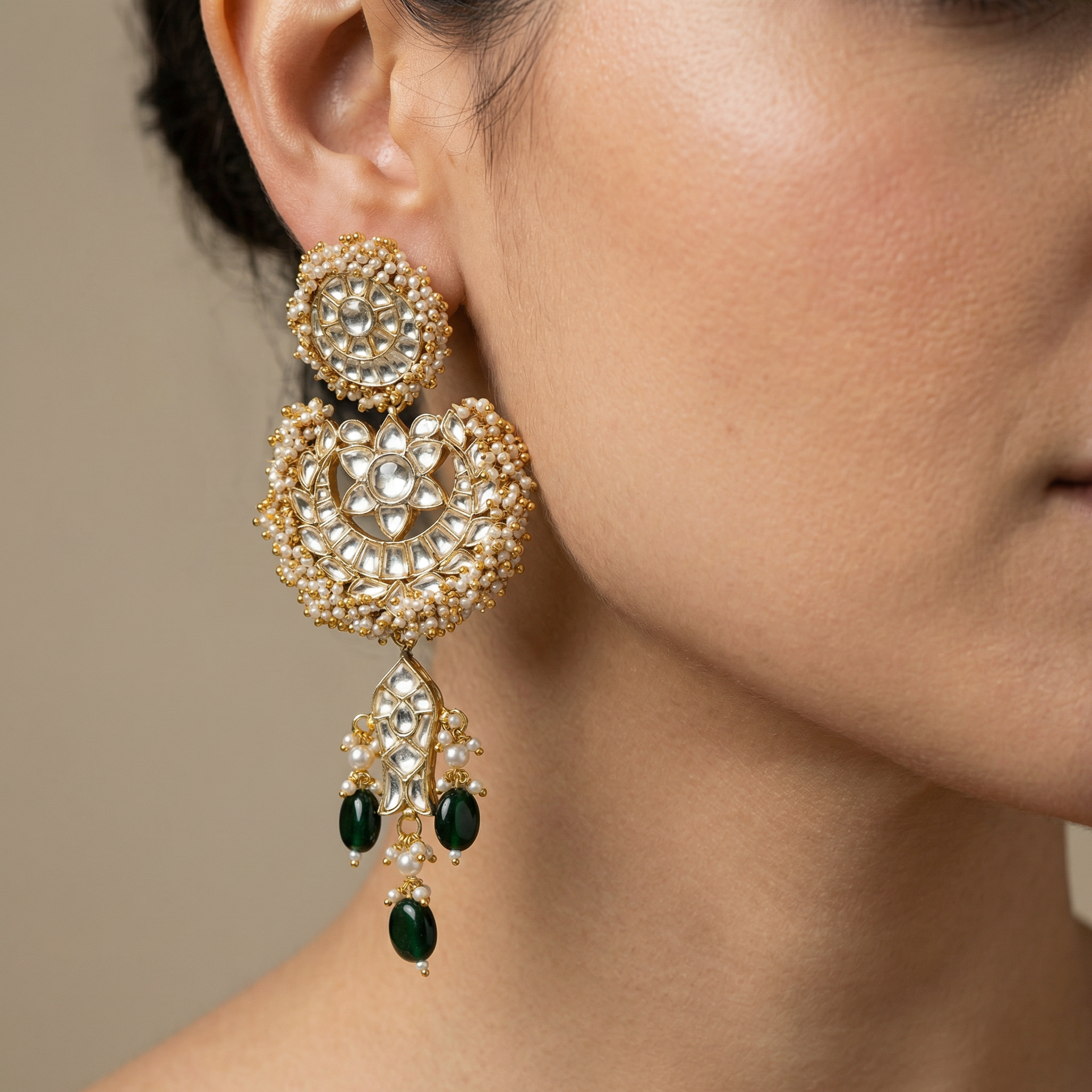 Noorika Pearl Polki Chandbali Drops