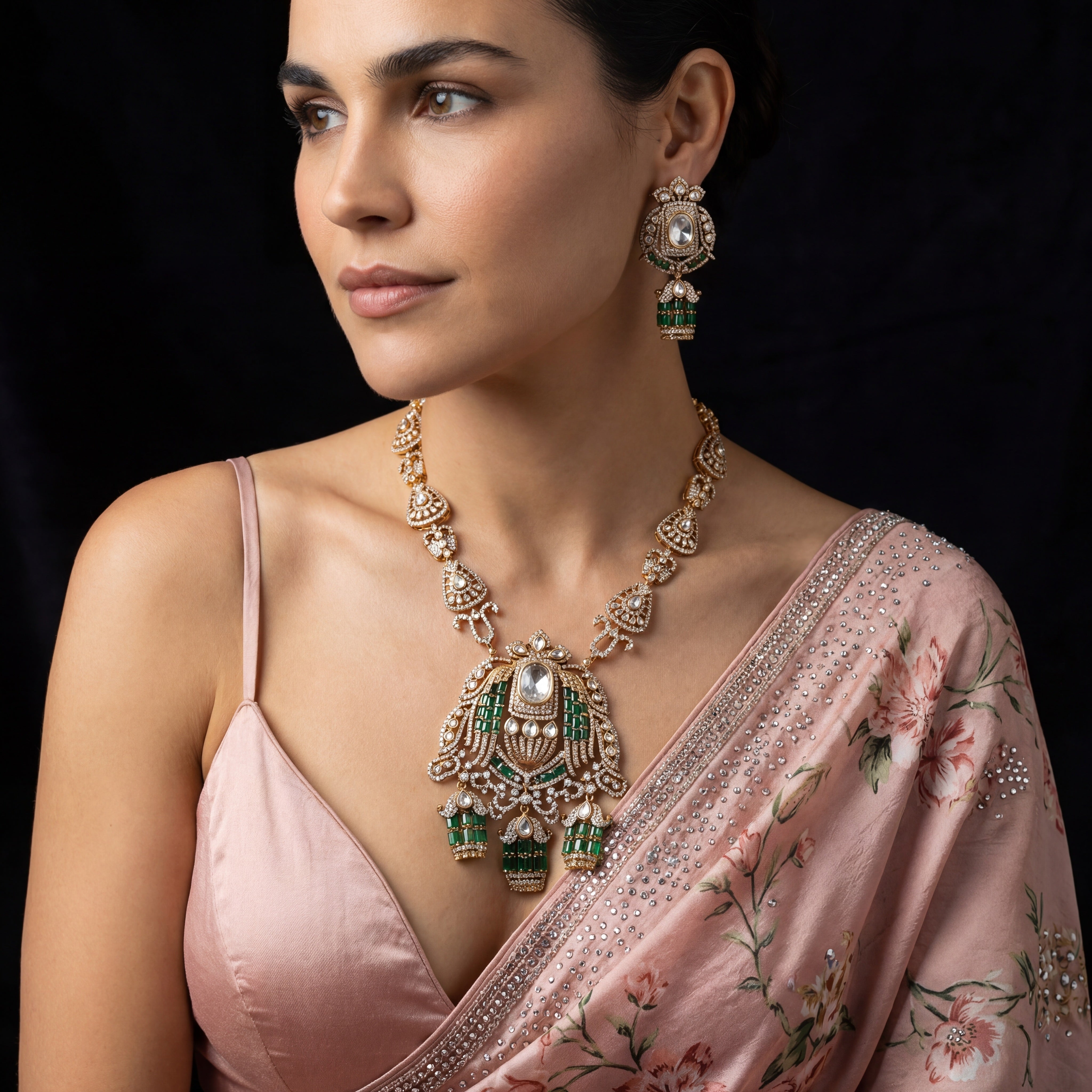 Rajvansh Emerald Polki Statement Set