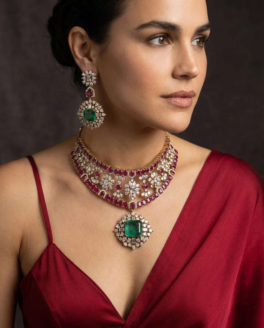 Ruby & Emerald Floral Polki Necklace Set