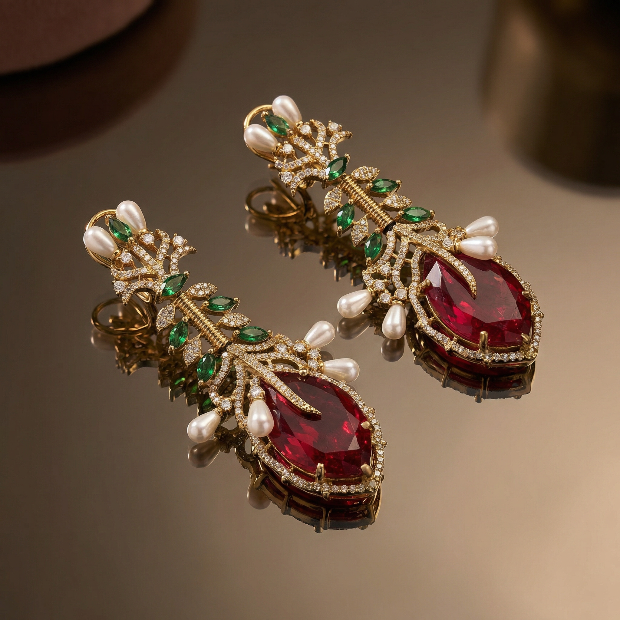 Vine Pearls Ruby Earrings