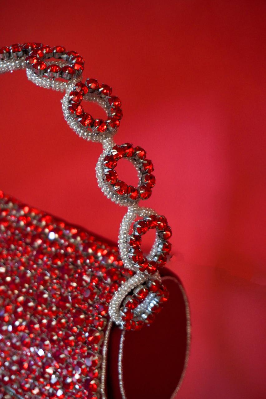 Colored Rhinestones Mini Flap Bag with Circle Handle - Ozel