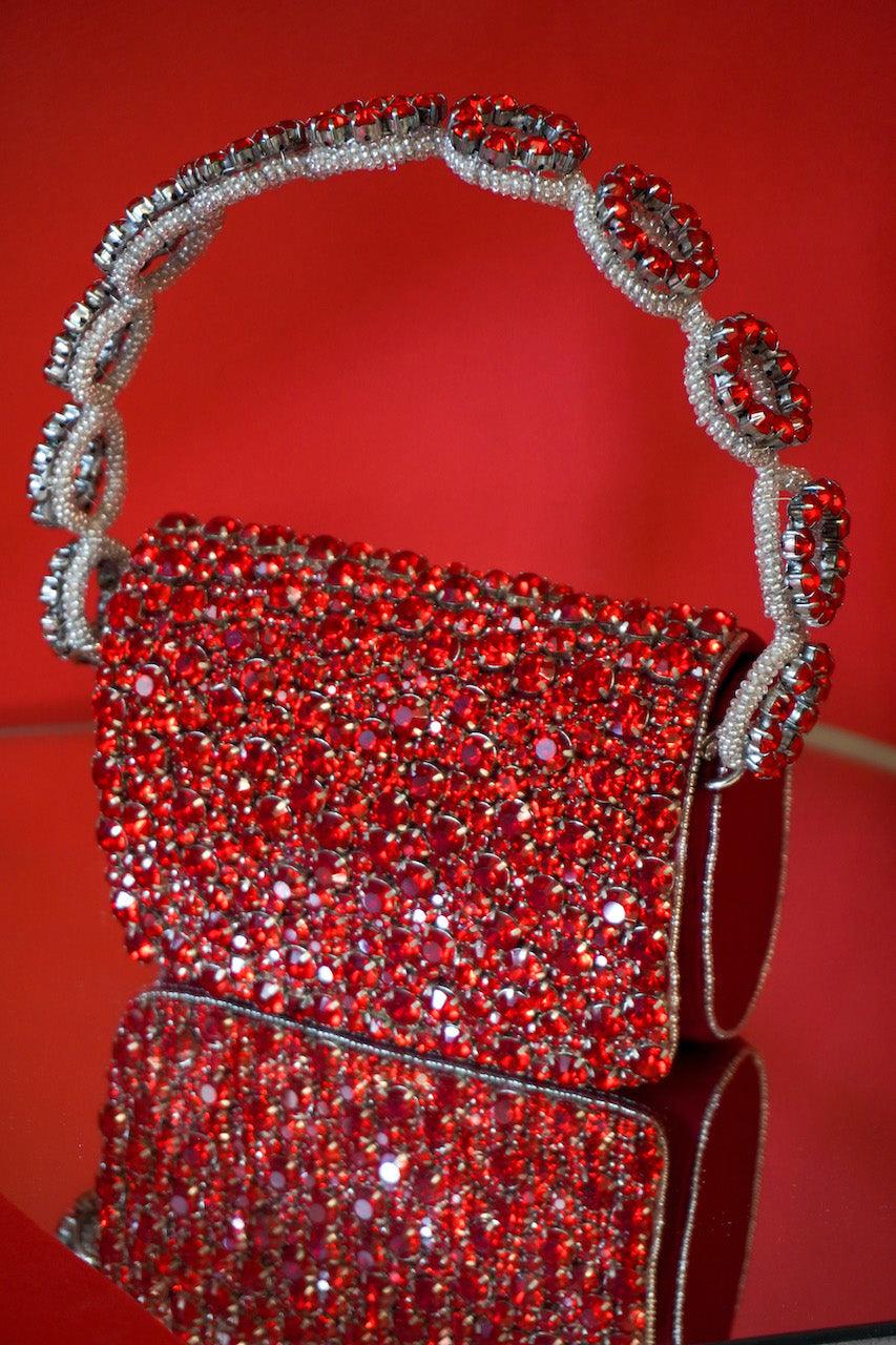 Colored Rhinestones Mini Flap Bag with Circle Handle - Ozel