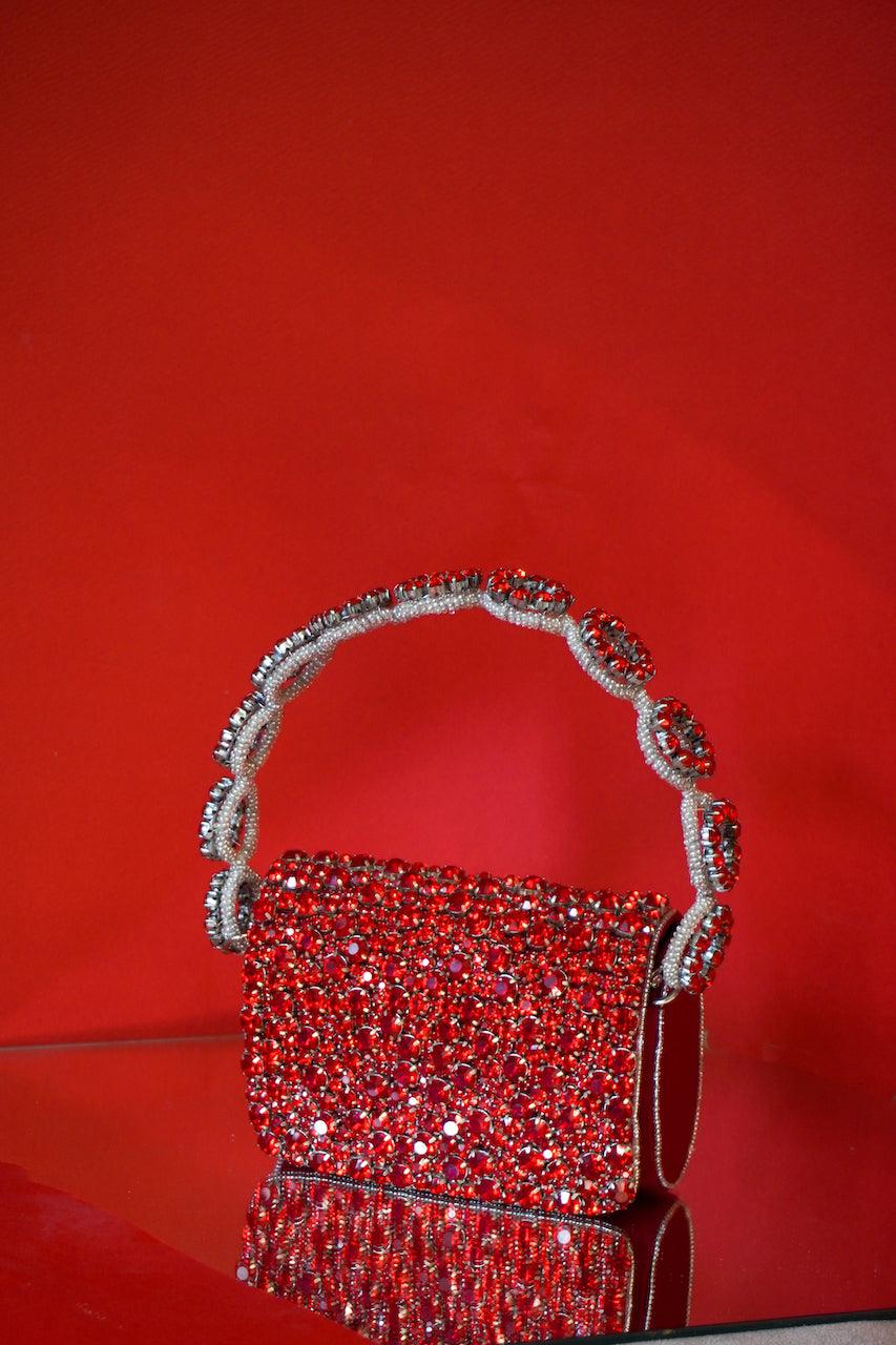 Colored Rhinestones Mini Flap Bag with Circle Handle - Ozel