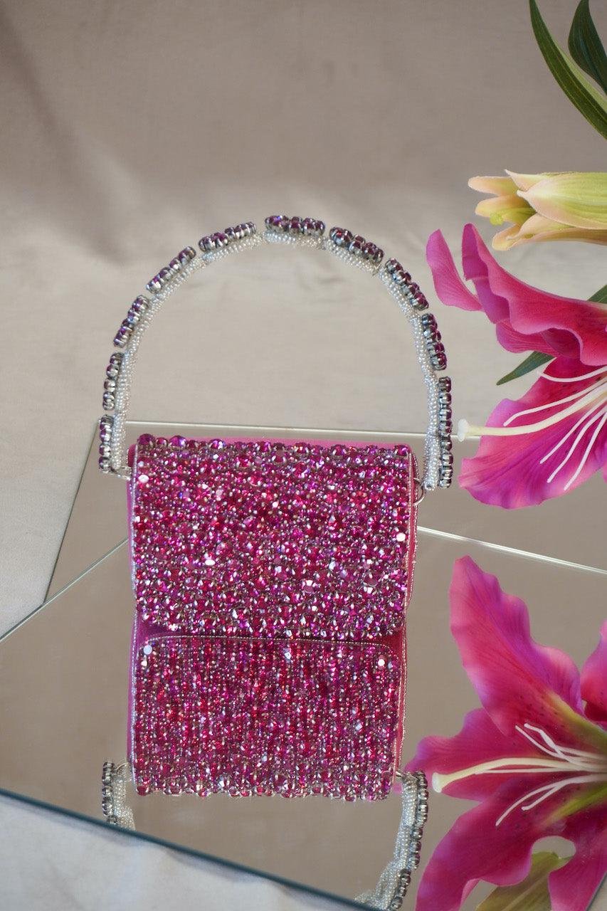 Colored Rhinestones Mini Flap Bag with Circle Handle - Ozel