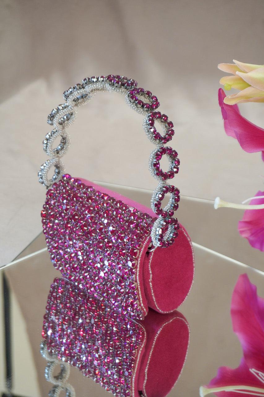 Colored Rhinestones Mini Flap Bag with Circle Handle - Ozel