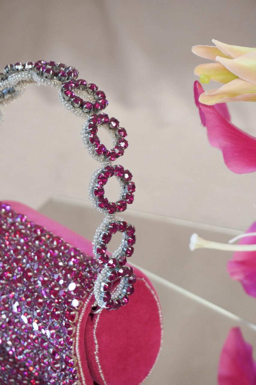 Colored Rhinestones Mini Flap Bag with Circle Handle - Ozel