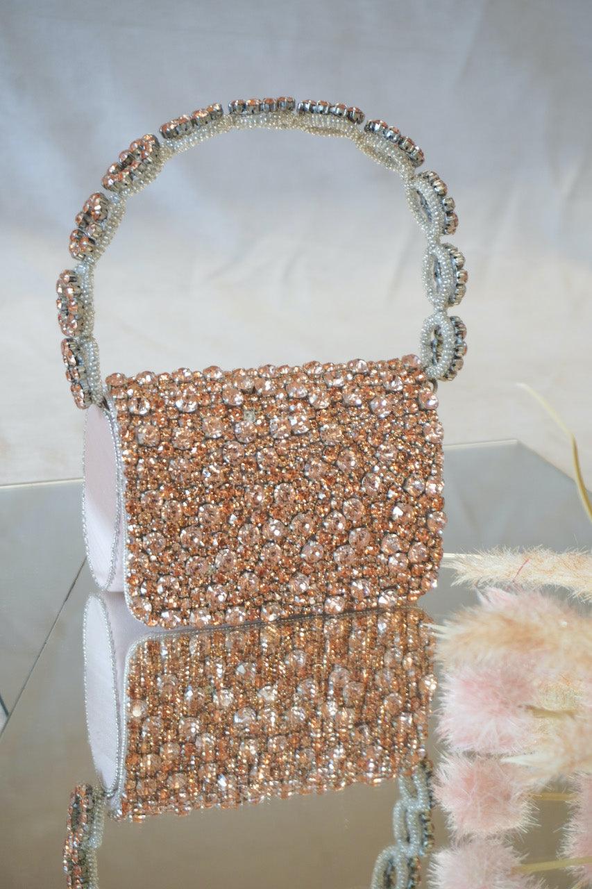 Colored Rhinestones Mini Flap Bag with Circle Handle - Ozel