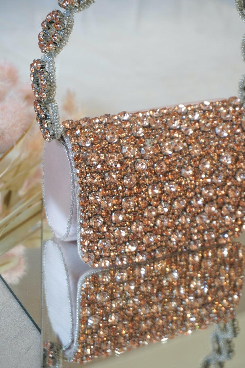 Colored Rhinestones Mini Flap Bag with Circle Handle - Ozel