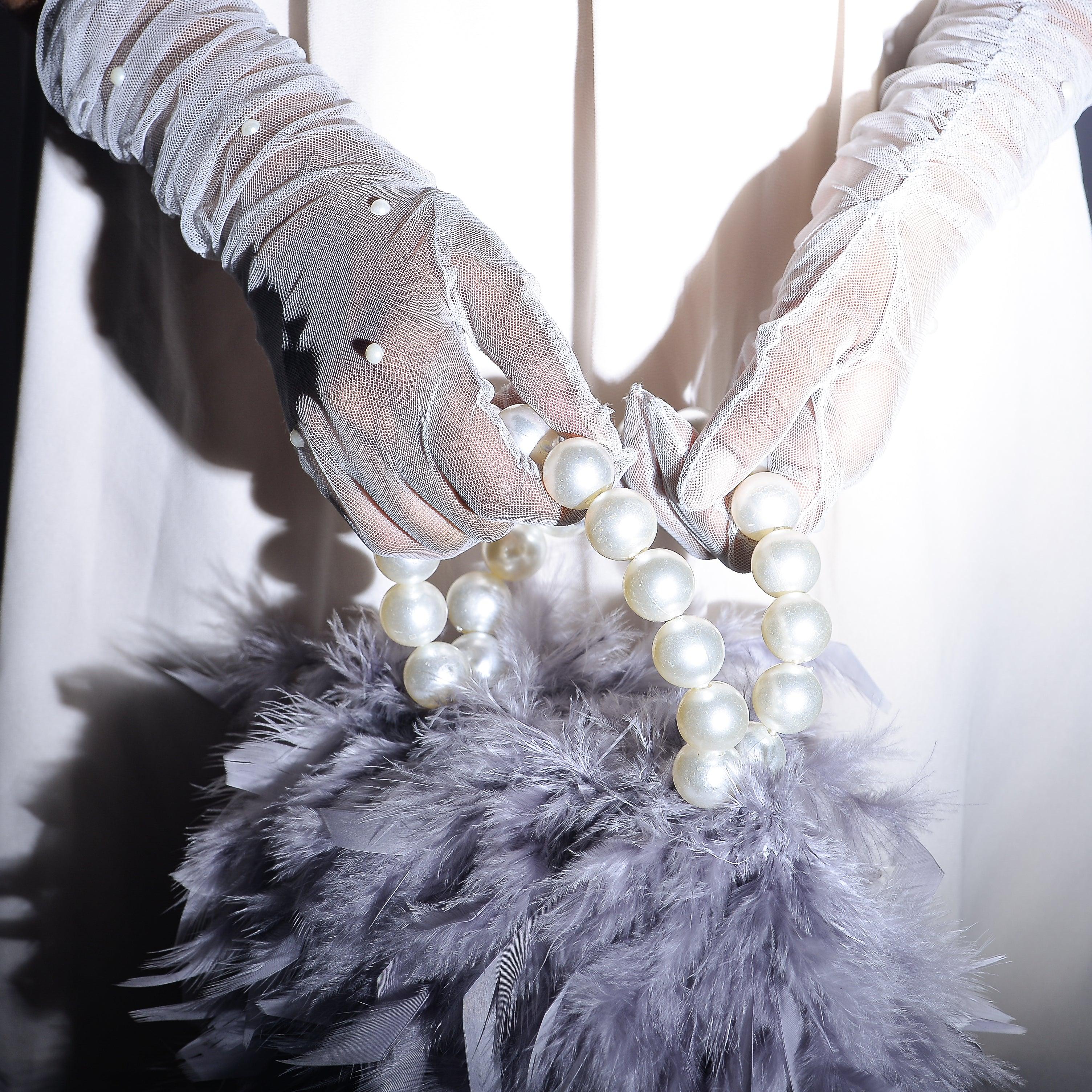 Grey Feather Bag with Pearl Handle