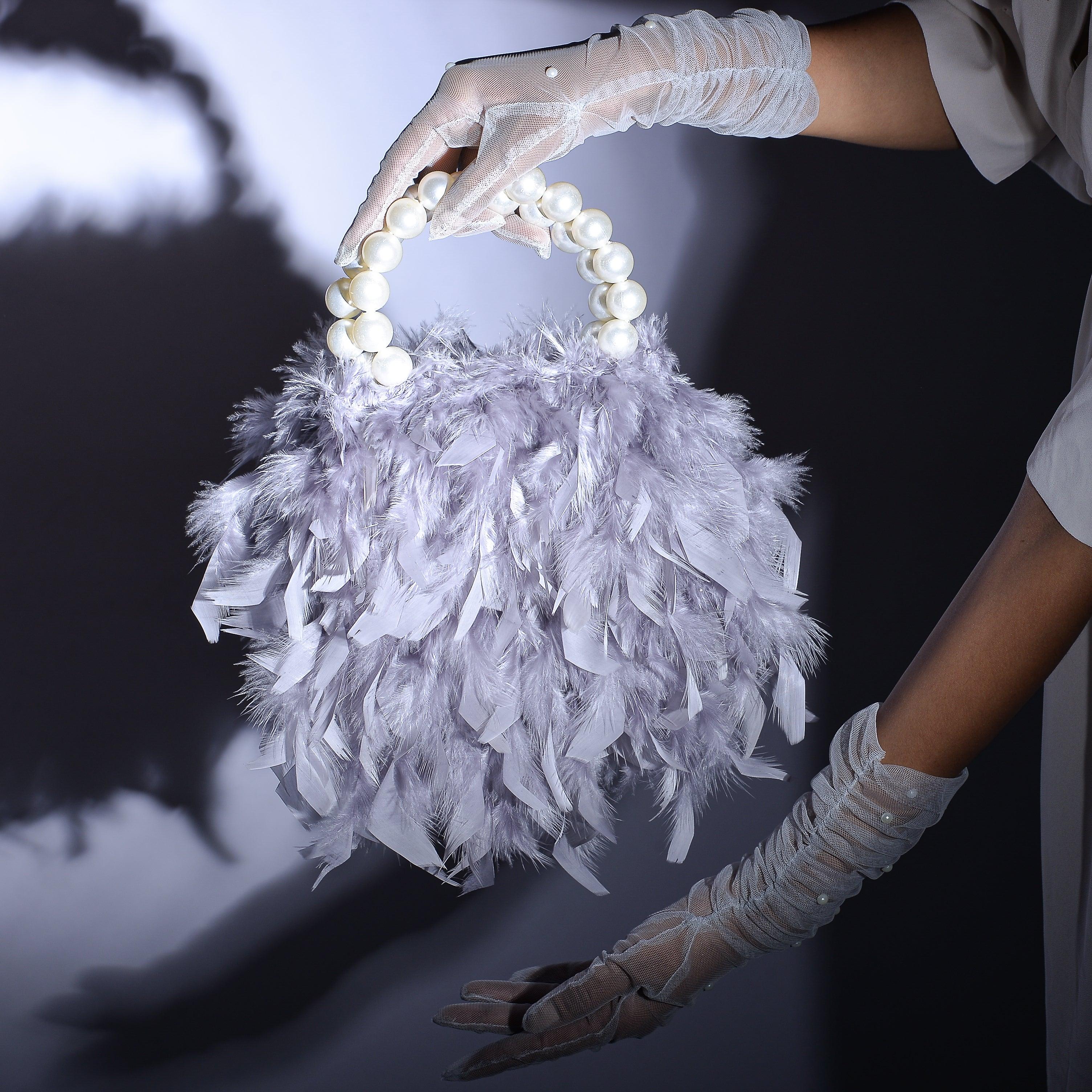 Grey Feather Bag with Pearl Handle