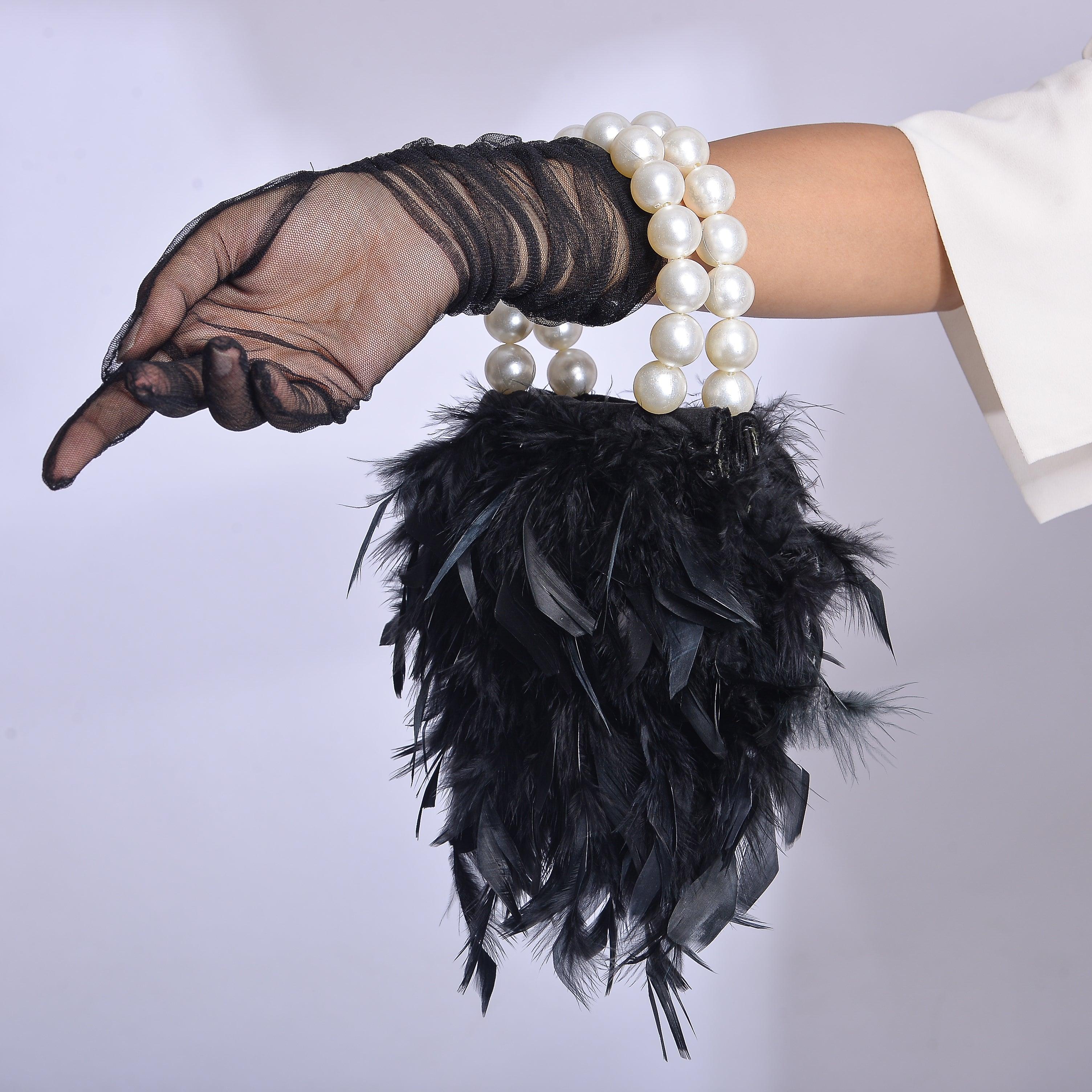 Black Mini Feather Bag with Pearl Handle