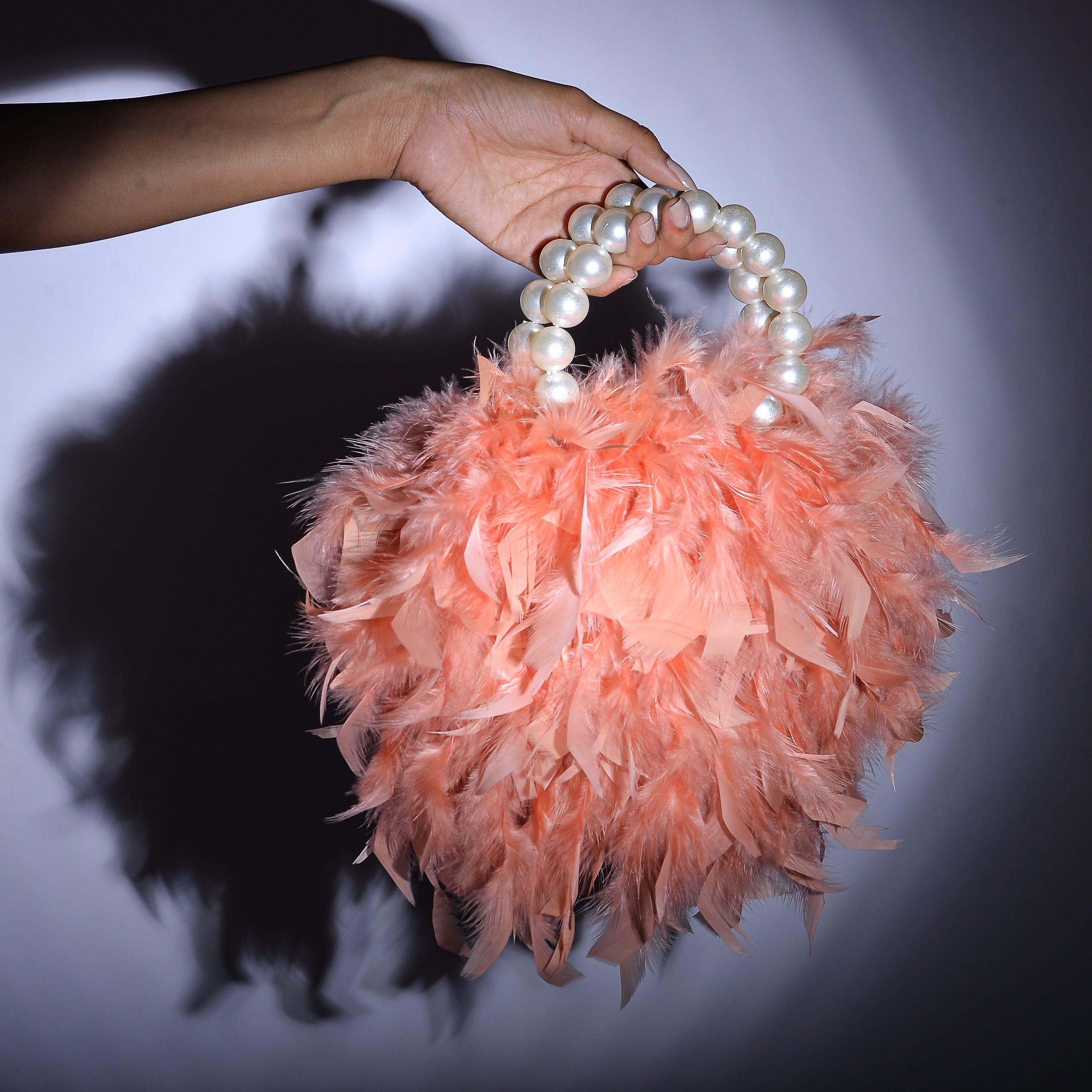 Peach Feather Bag with Pearl Handle