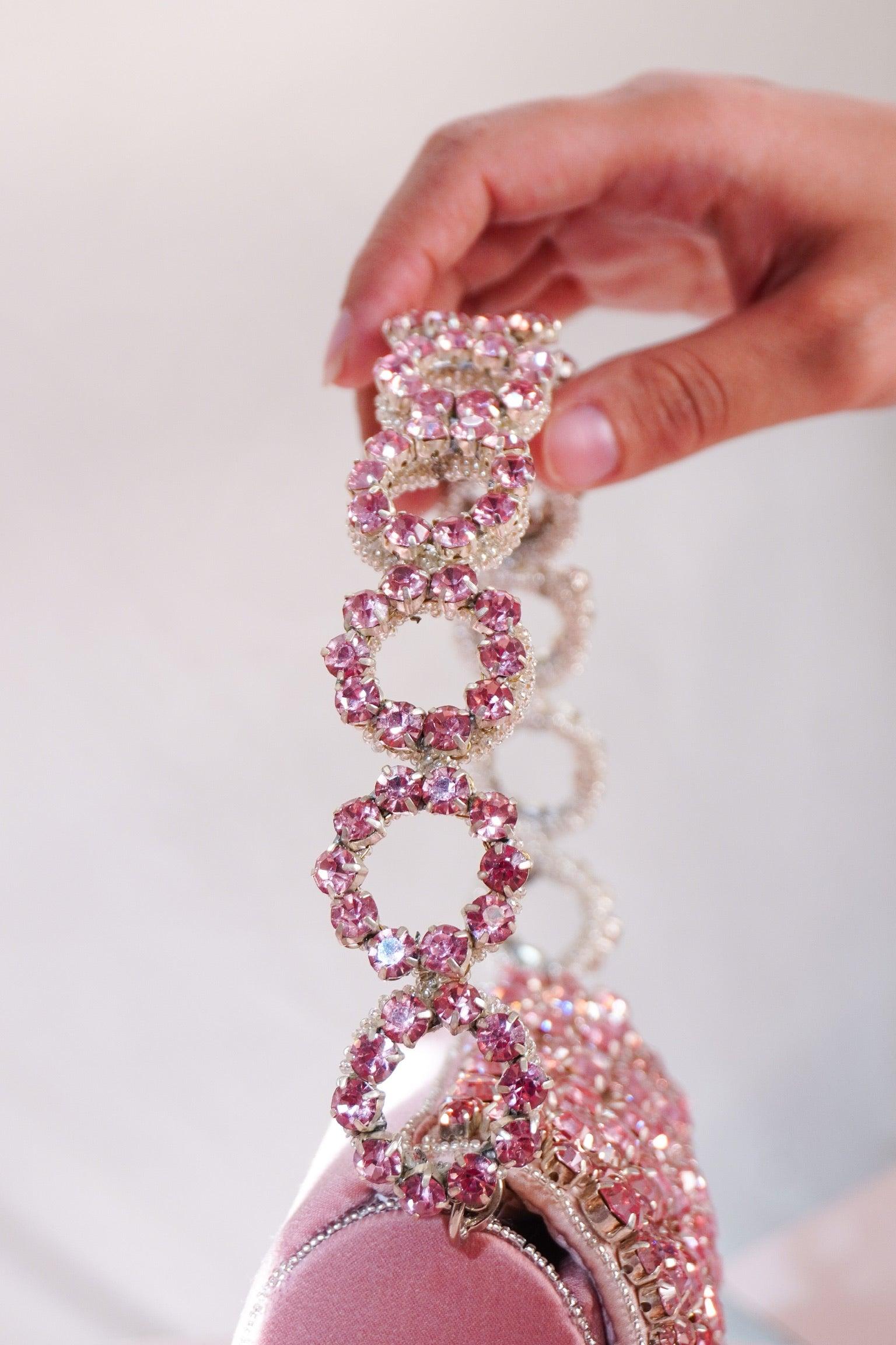 Colored Rhinestones Mini Flap Bag with Circle Handle - Ozel