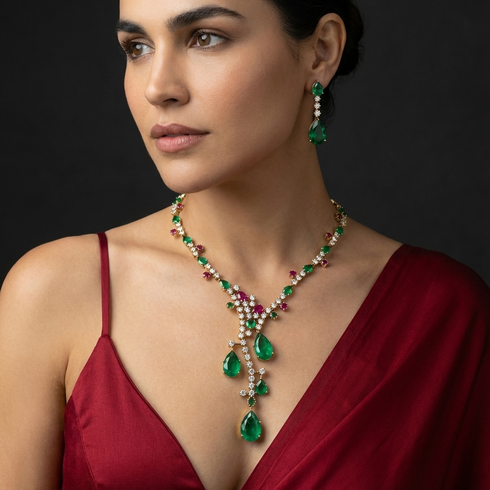 The falling emeralds necklace set – front view with earrings by Ozel