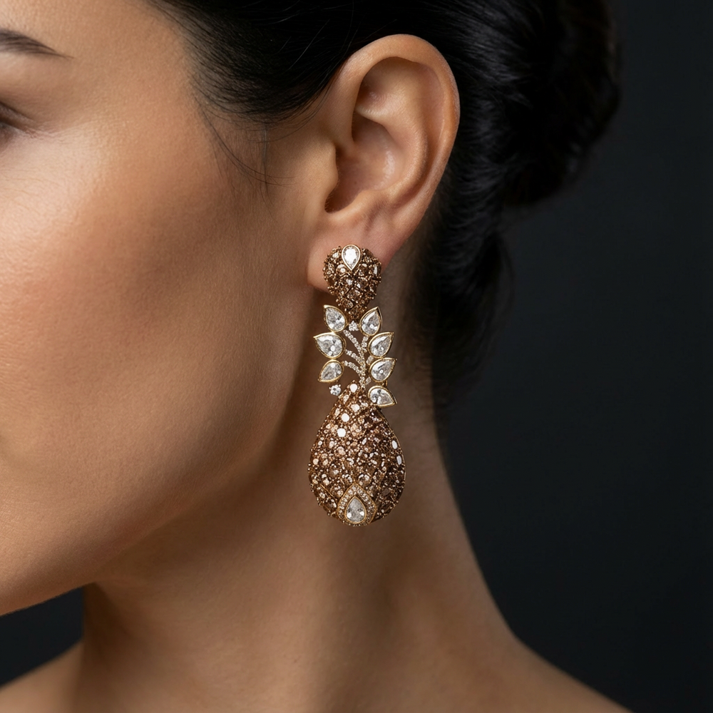 Champagne flare moissanite drop earrings – moissanite detail close-up by Ozel