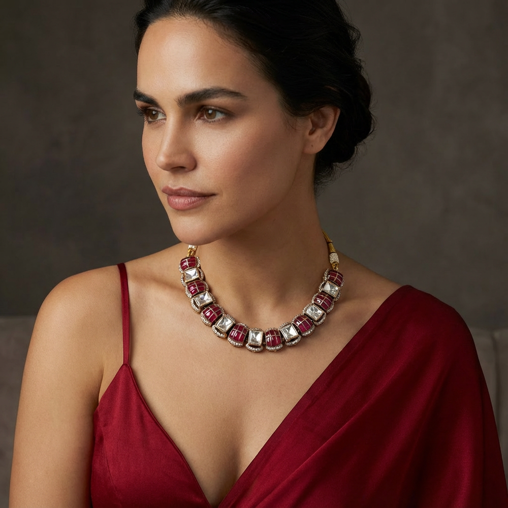Rasa rubicon necklace set – worn on neck by Ozel