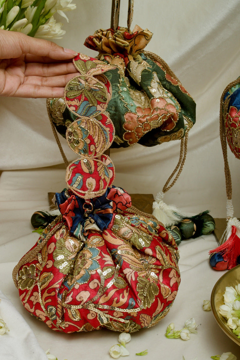 Kalamkari print embroidered gol potli bag