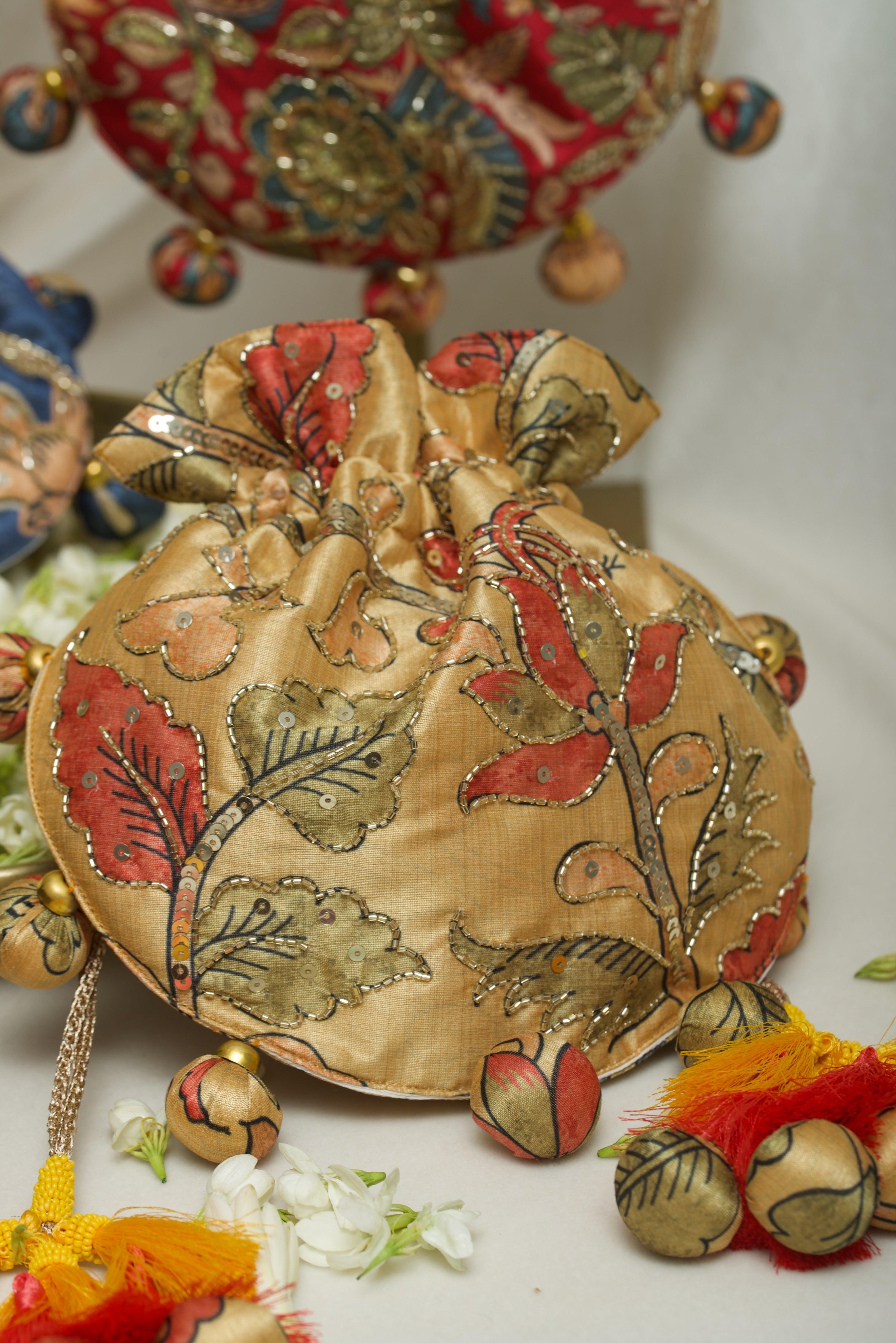 Kalamkari print U Shape embroidered potli bag - Ozel