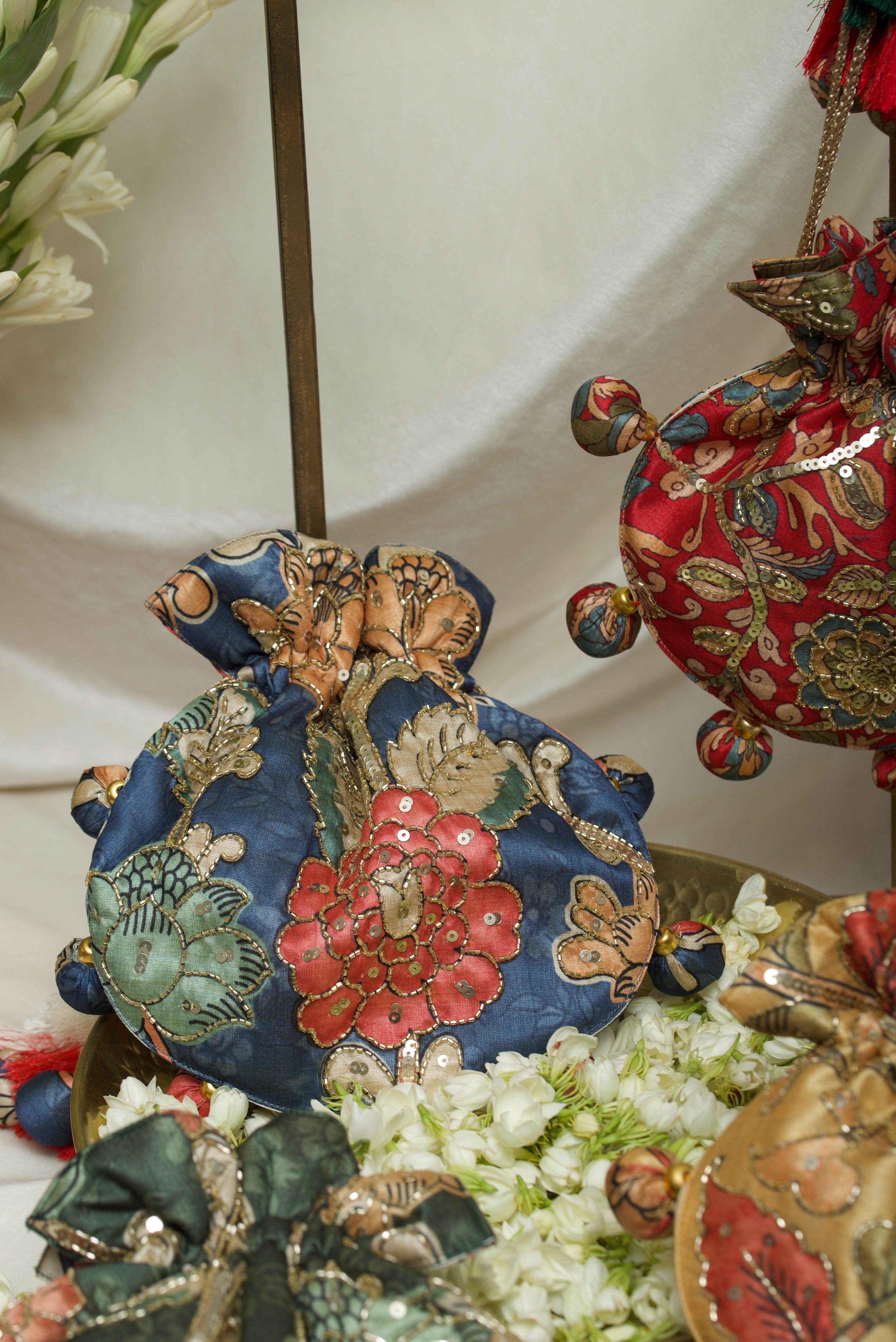 Kalamkari print U Shape embroidered potli bag - Ozel