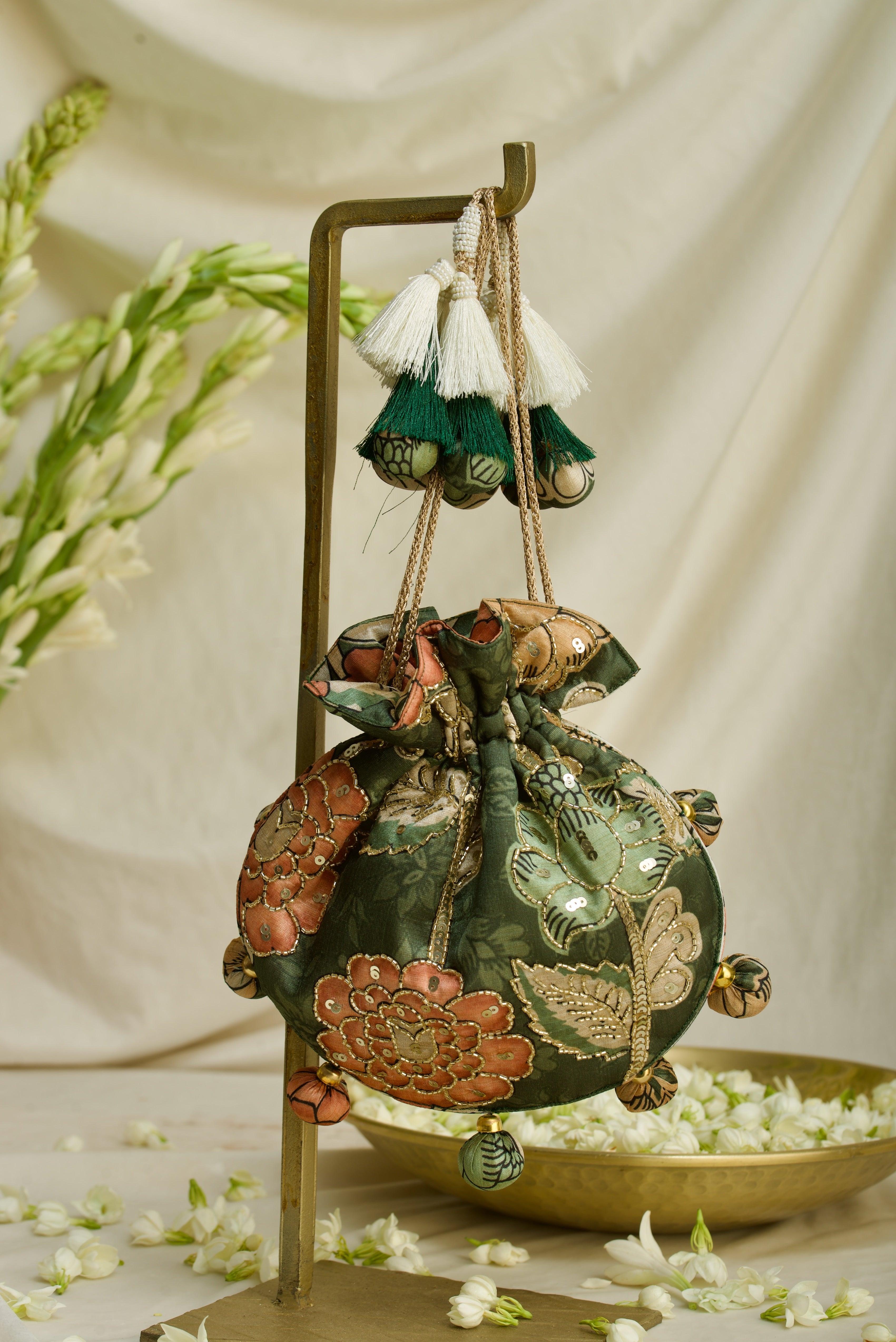 Kalamkari print U Shape embroidered potli bag - Ozel