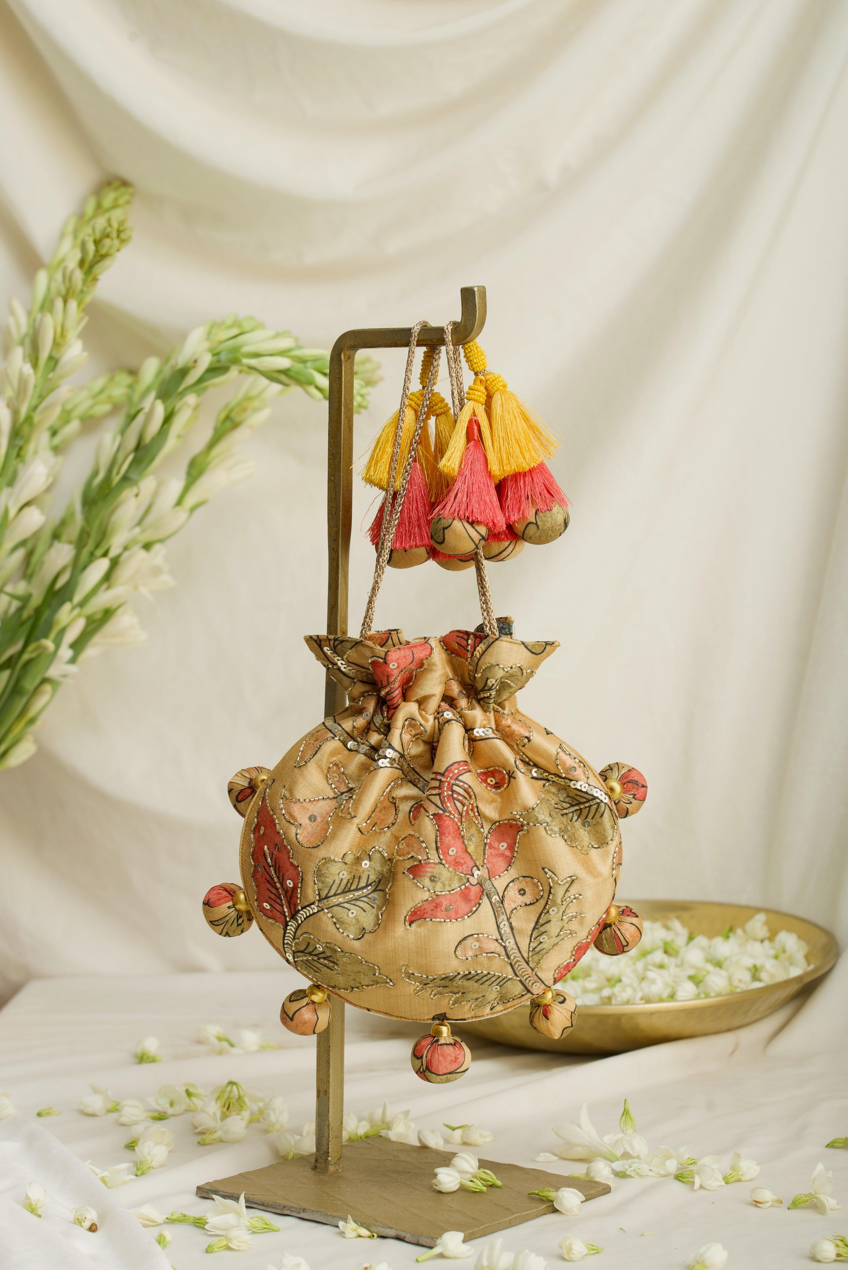 Kalamkari print U Shape embroidered potli bag - Ozel
