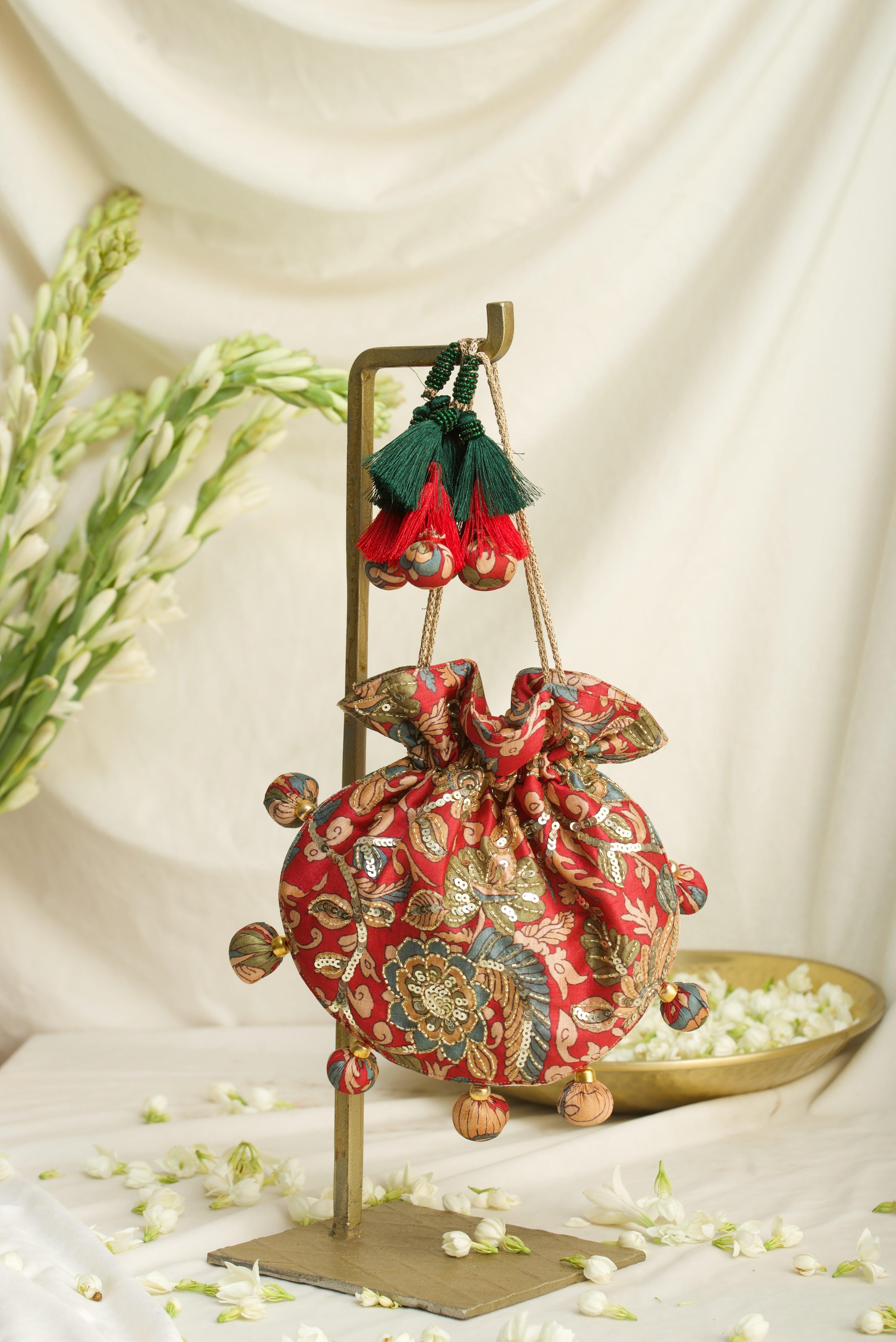 Kalamkari print U Shape embroidered potli bag - Ozel