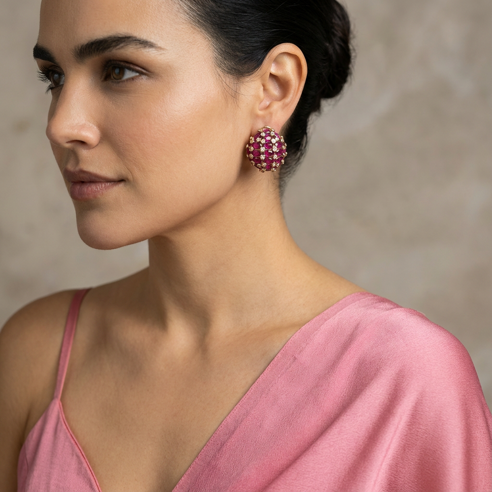 Crimson orbita studs – worn on ear by Ozel