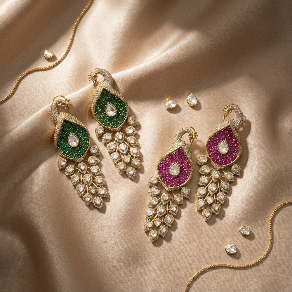 Peacock cascade drop earrings – vibrant stone detail by Ozel