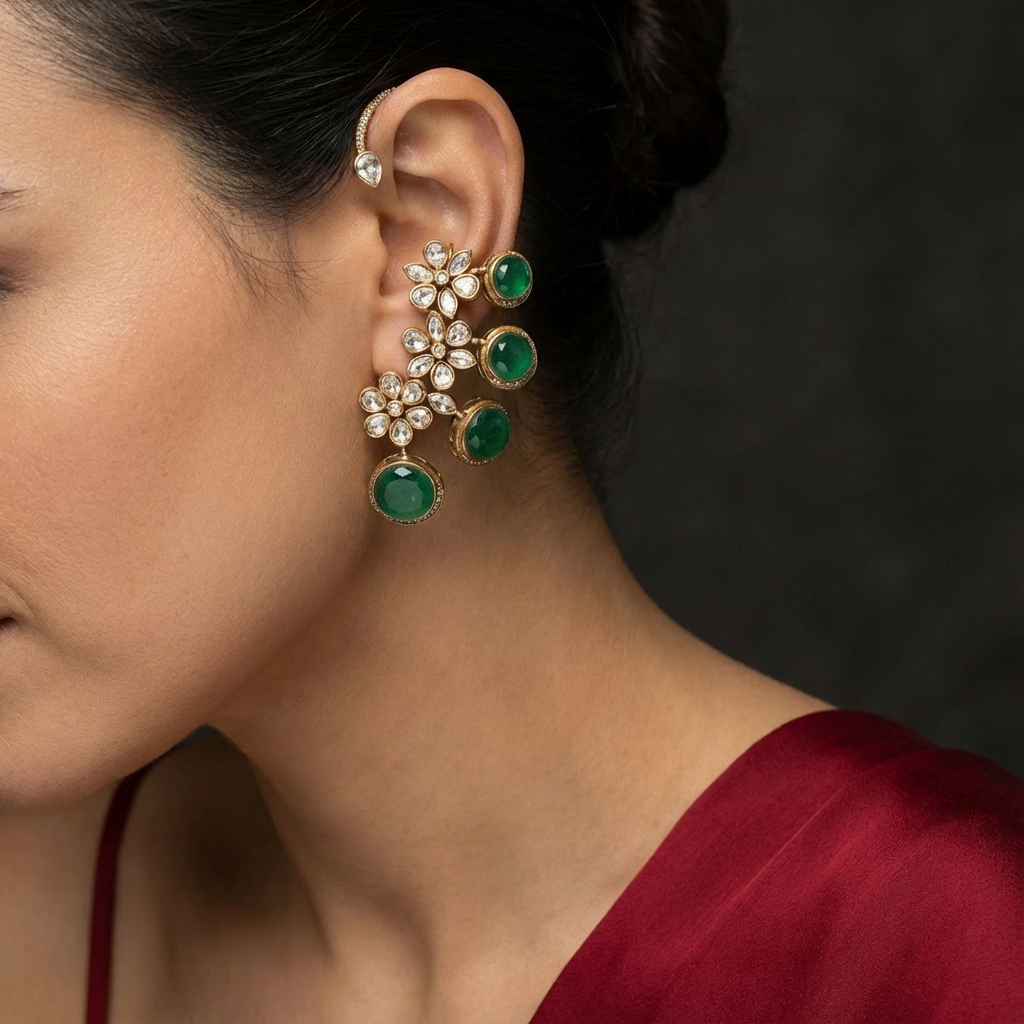 Emerald Floral Ear Cuff Earrings