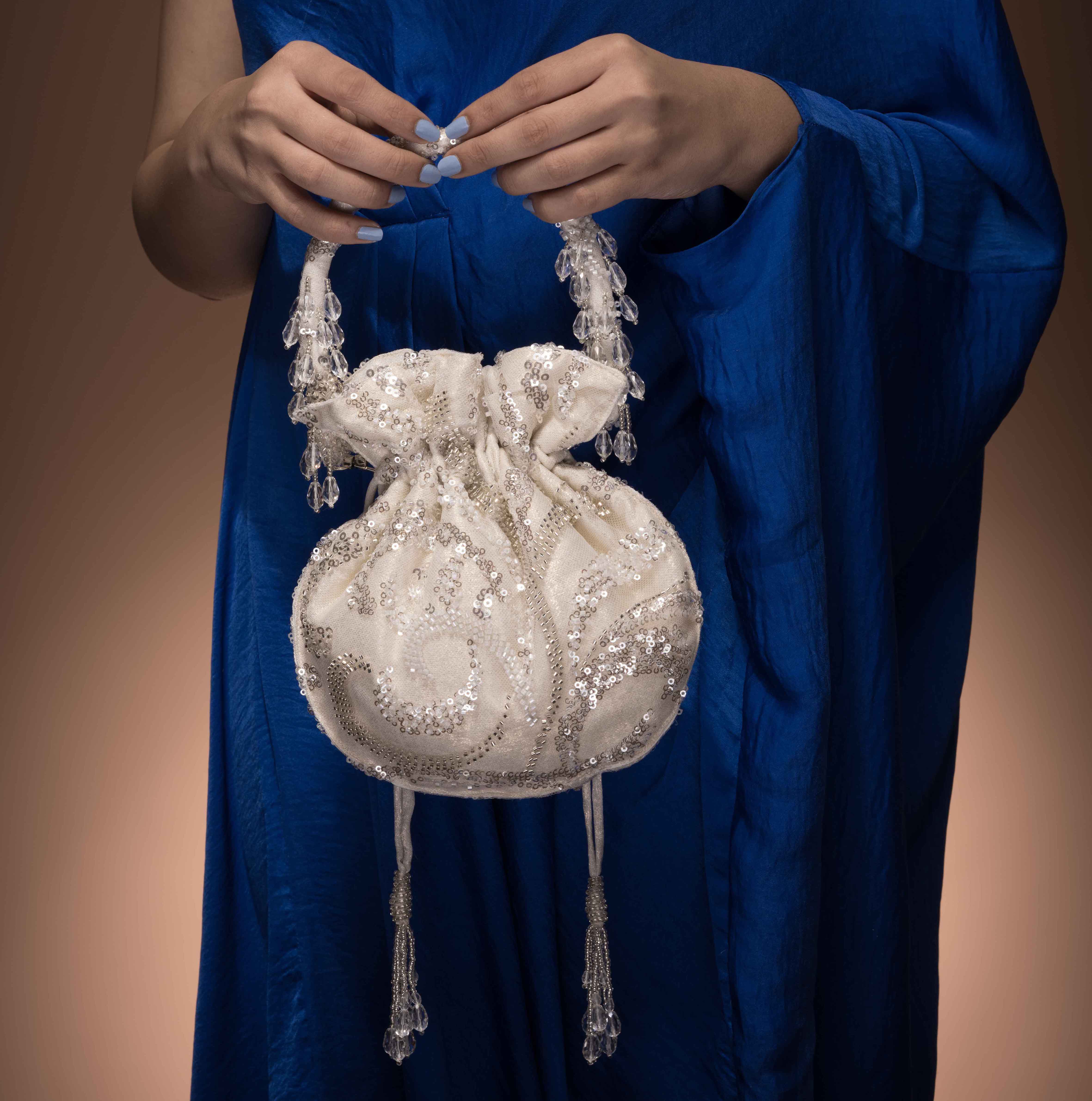 Ivory and Silver U shape potli bag