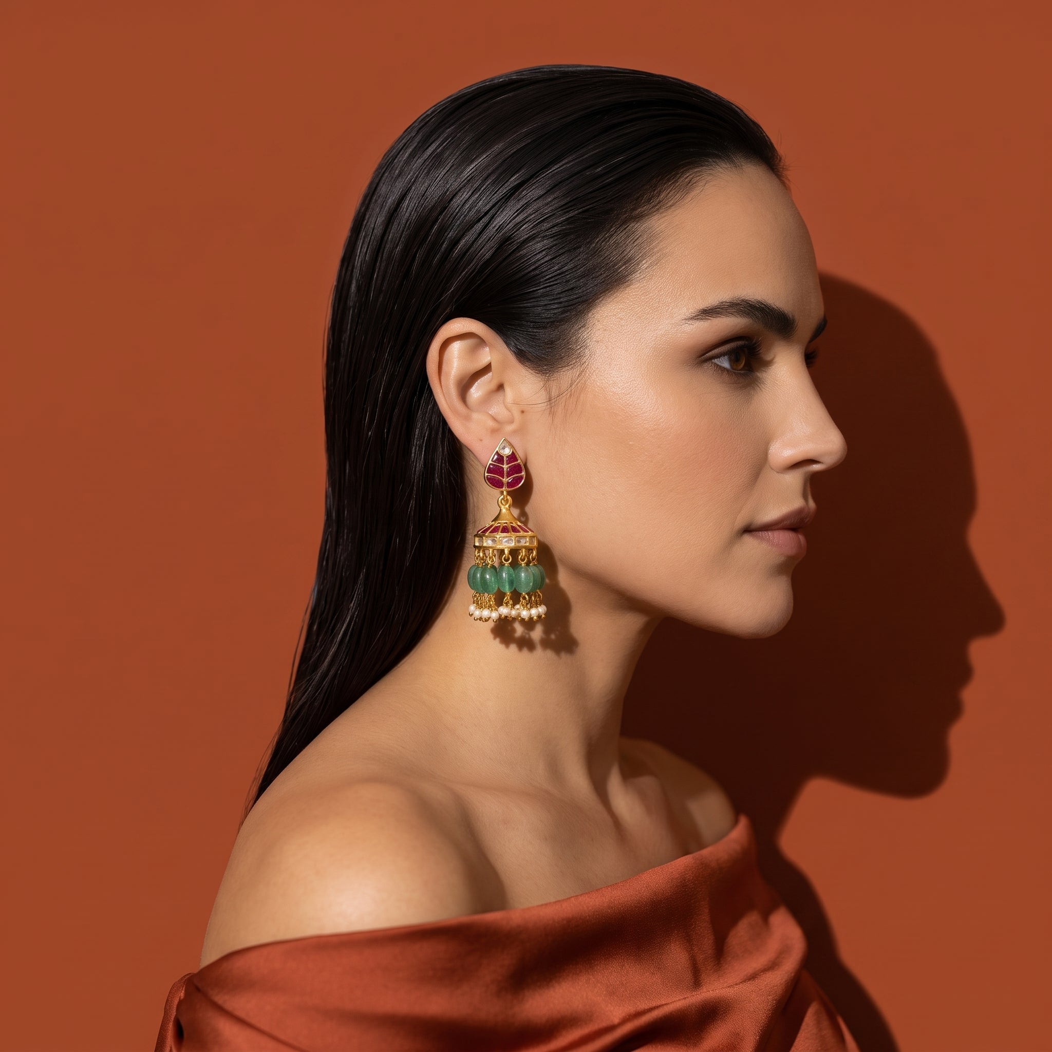 Leaf Jhumka Earrings with Green Stone & Pearl