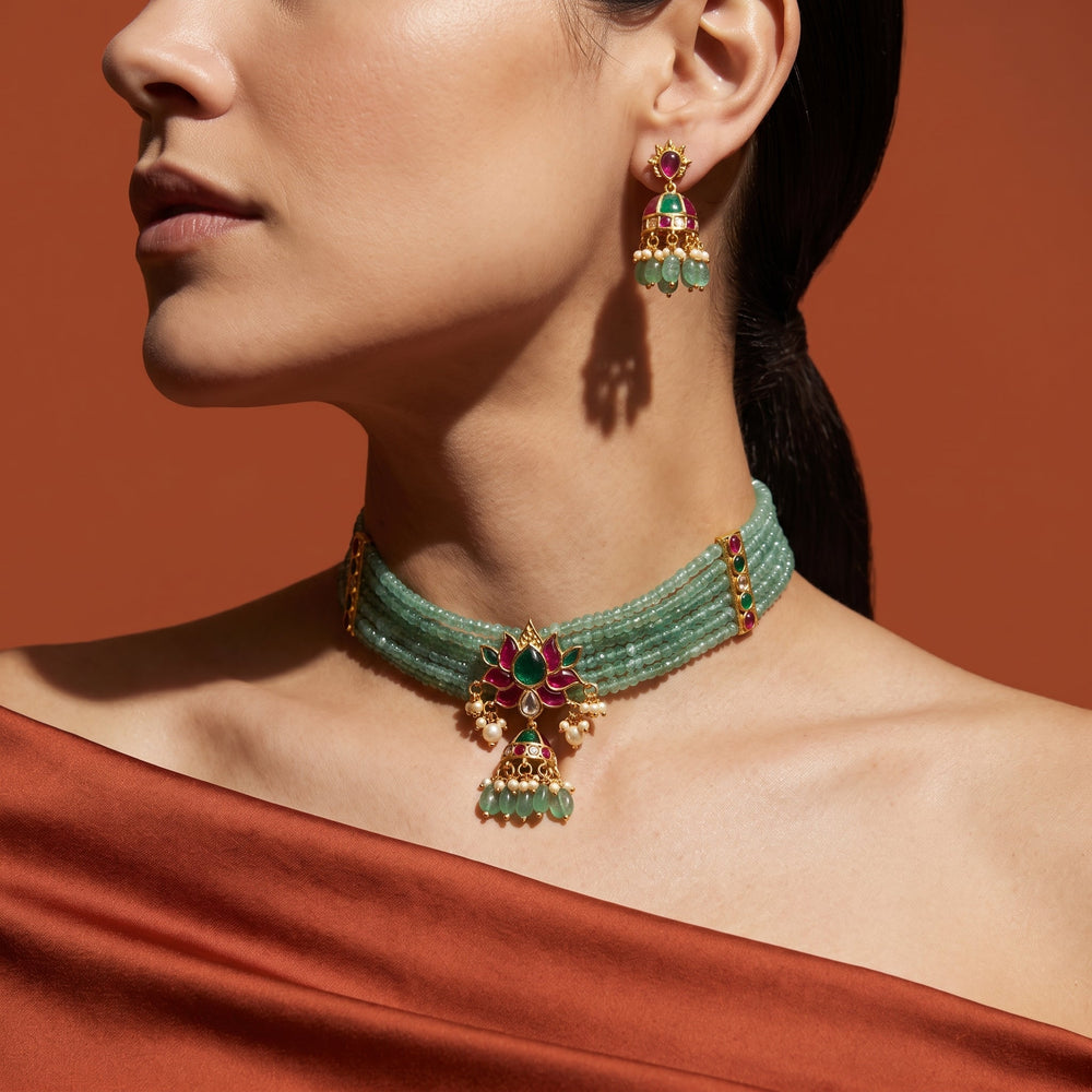 Emerald Lotus Choker Set with Floral Pendant
