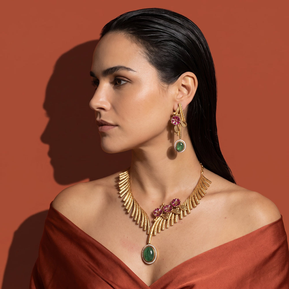 Ashvi Emerald Drop Necklace & Earring Set