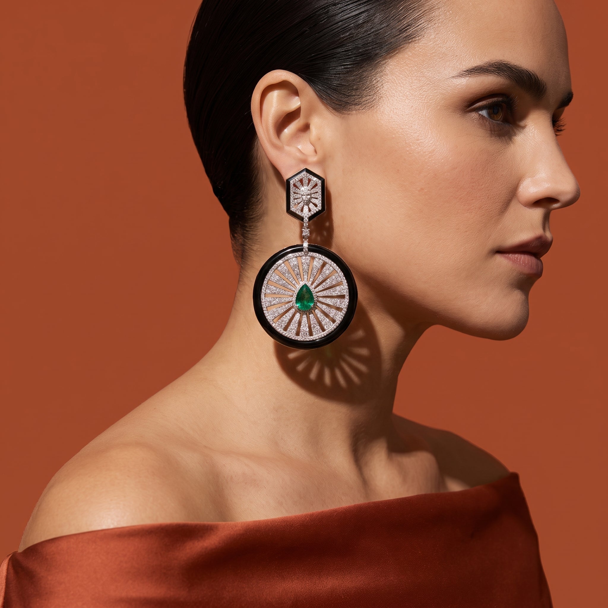 Sunburst Circle Drop Earrings with Green Stone