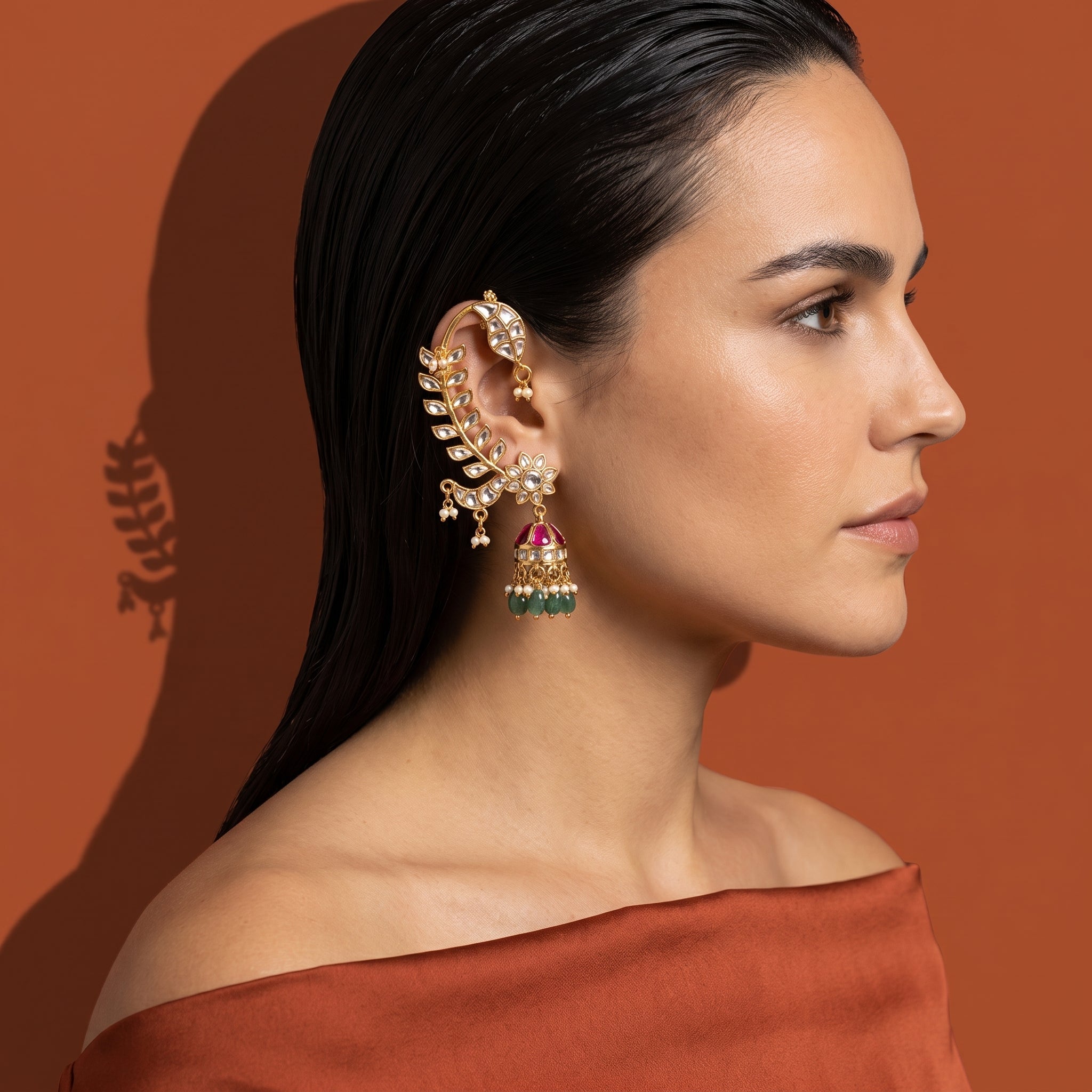 Leaf Motif Ear Cuff with Gemstone Drop